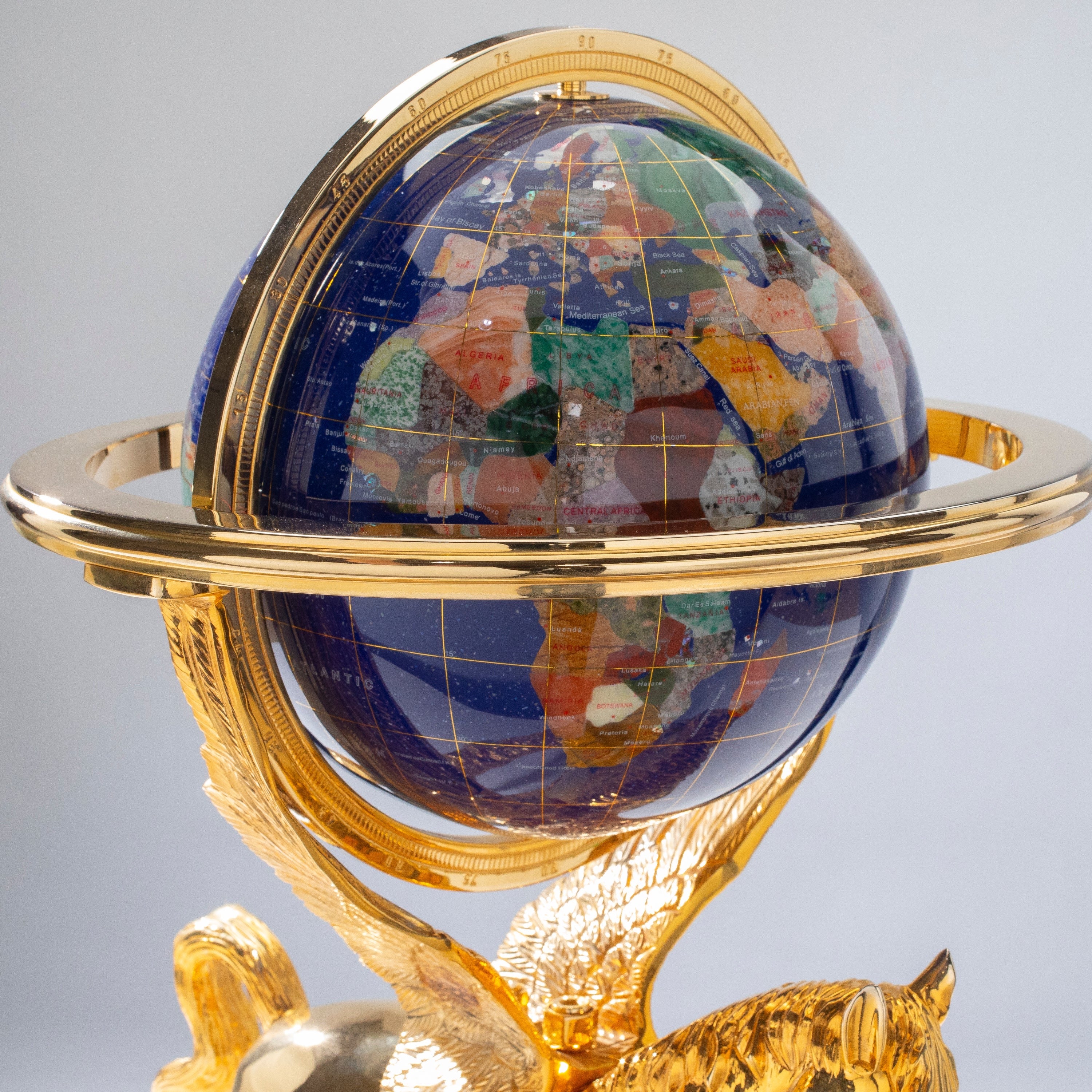 21" Tall Gemstone Globe with 9" Lapis Ocean on 24k Gold Plated Pegasus Stand