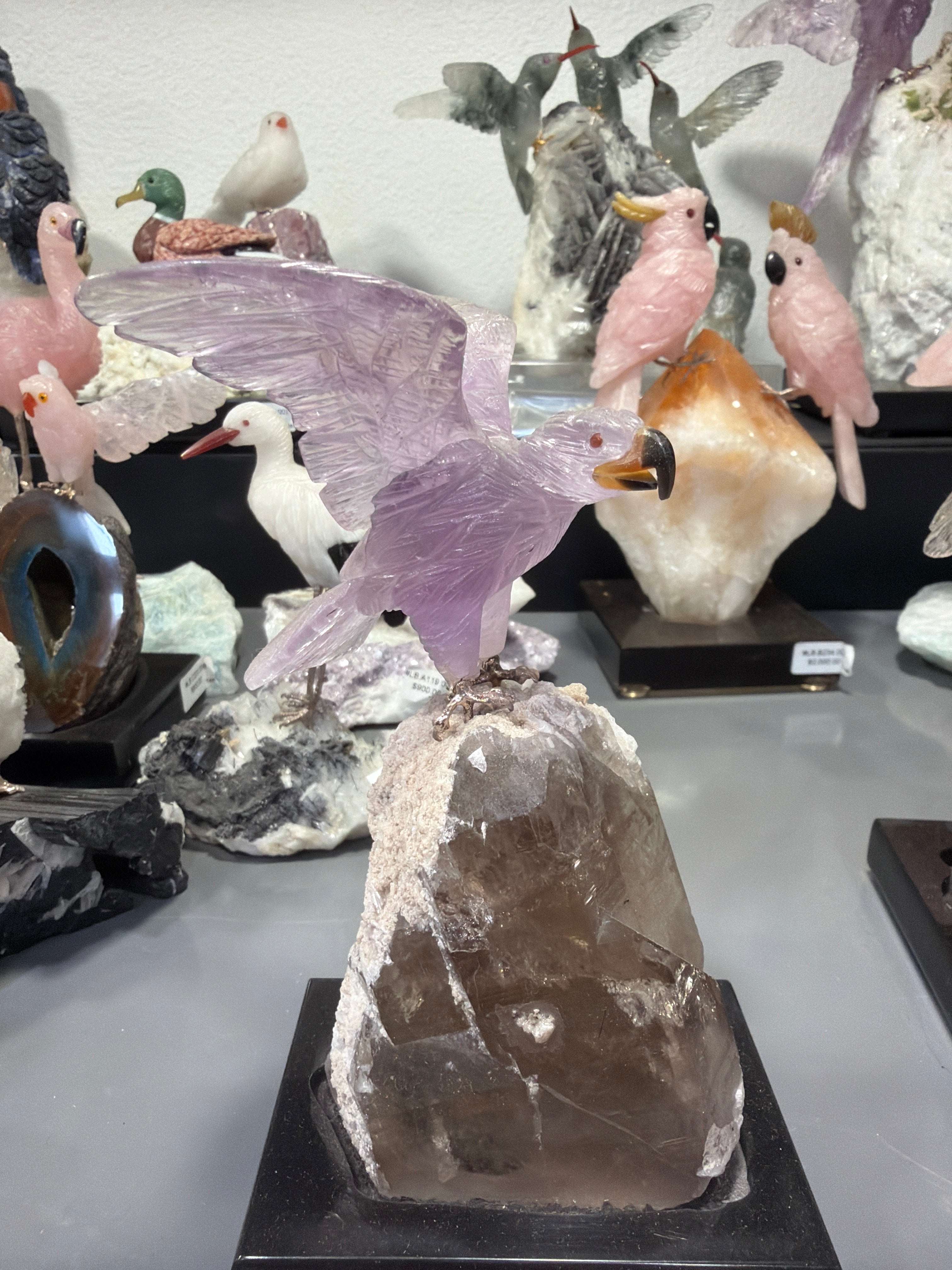 Peter Muller Amethyst Eagle Love Birds Carving on Smokey Quartz Base