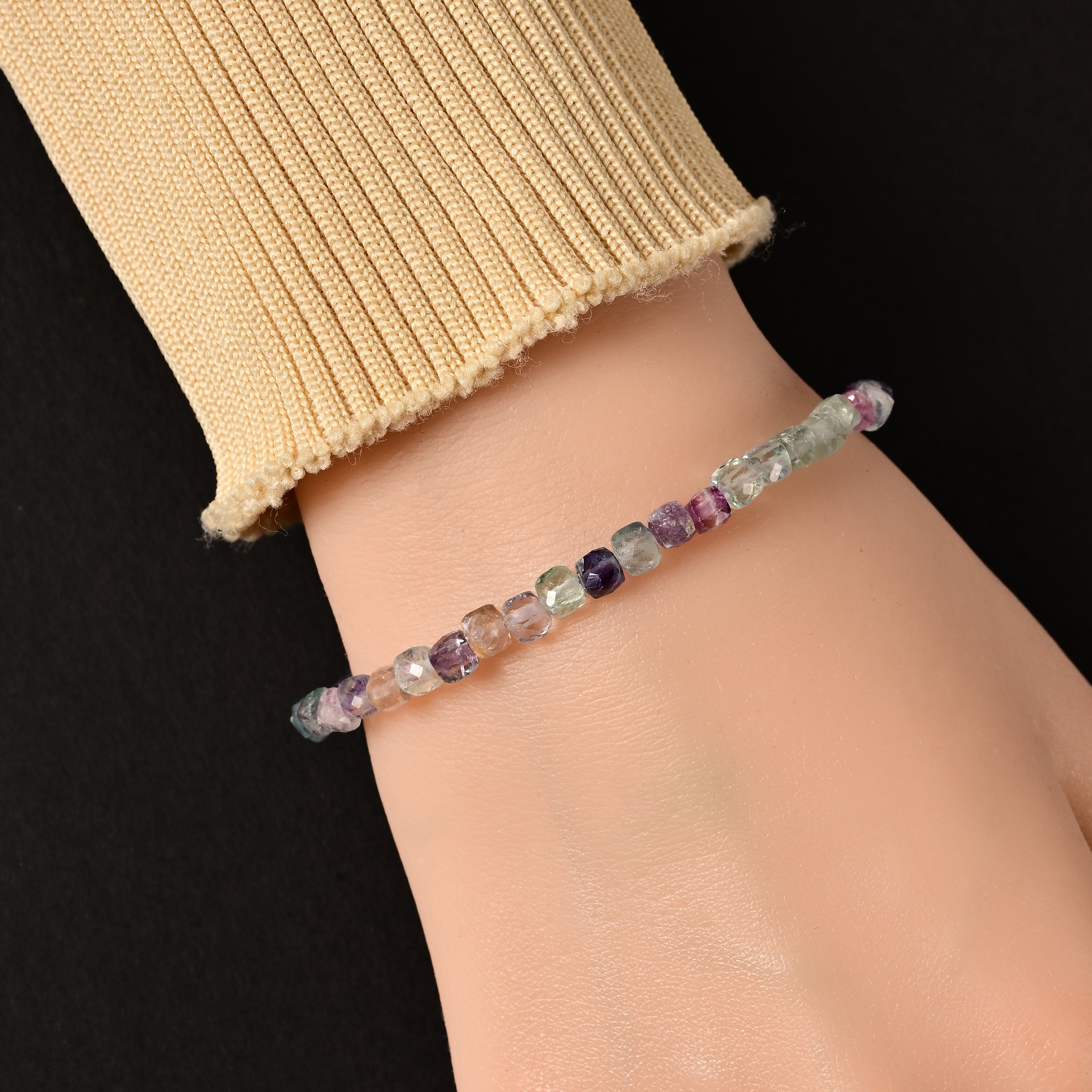 Natural Fluorite Faceted 4mm Barrel Bracelet with Sterling Silver Extender