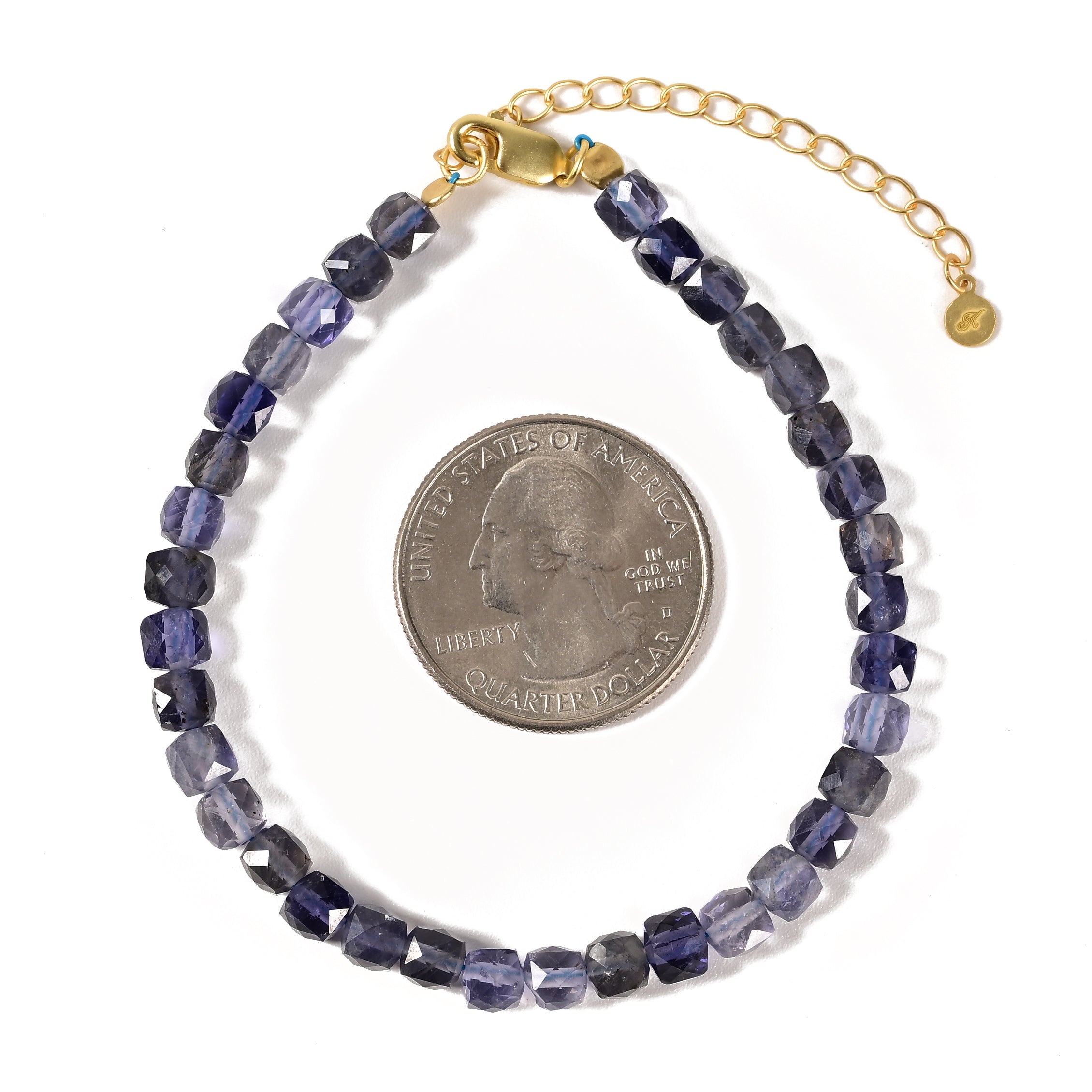 Natural Iolite Faceted 4mm Barrel Bracelet with Sterling Silver Extender