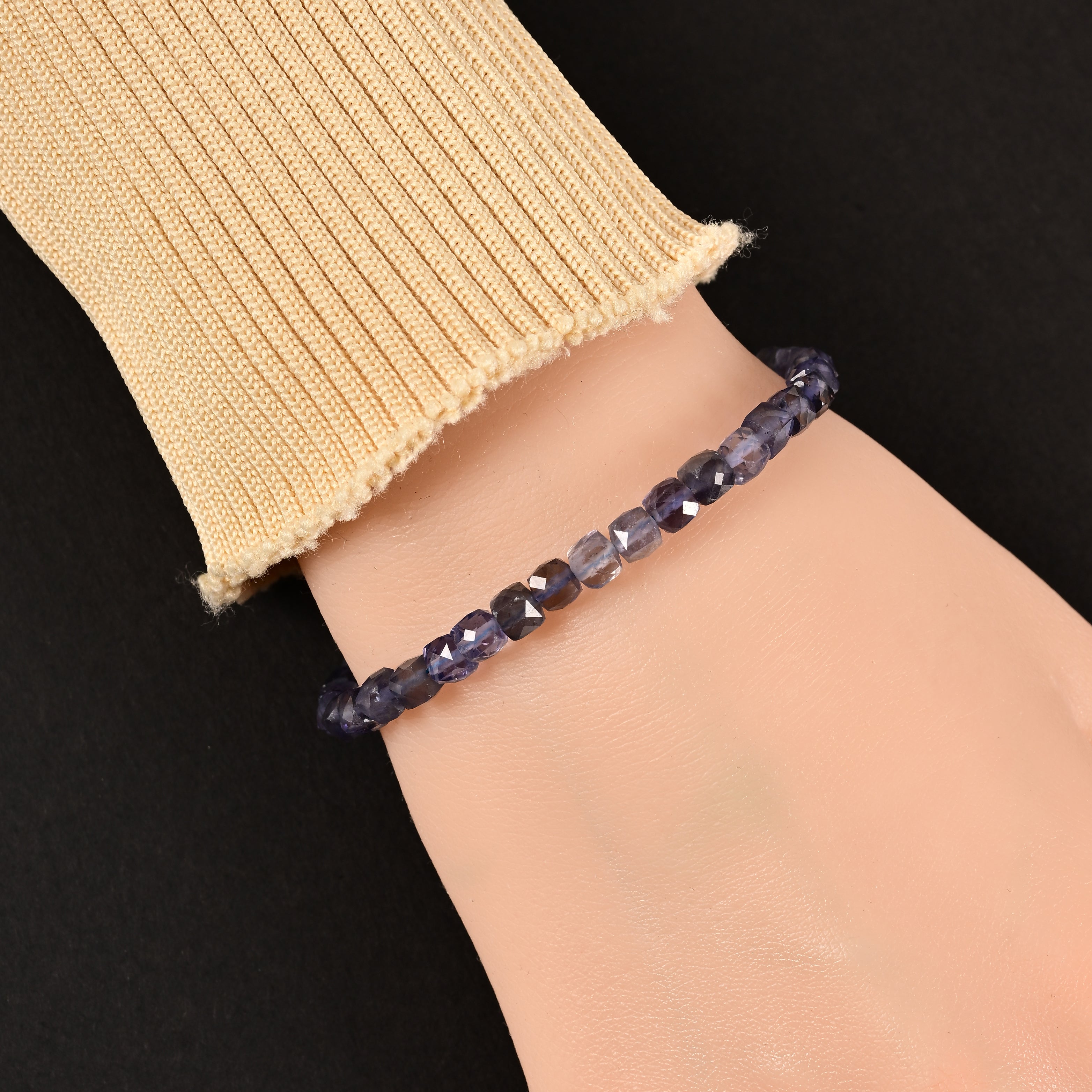 Natural Iolite Faceted 4mm Barrel Bracelet with Sterling Silver Extender