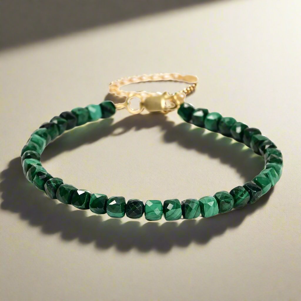 Natural Malachite Faceted 4mm Barrel Bracelet with Sterling Silver Extender