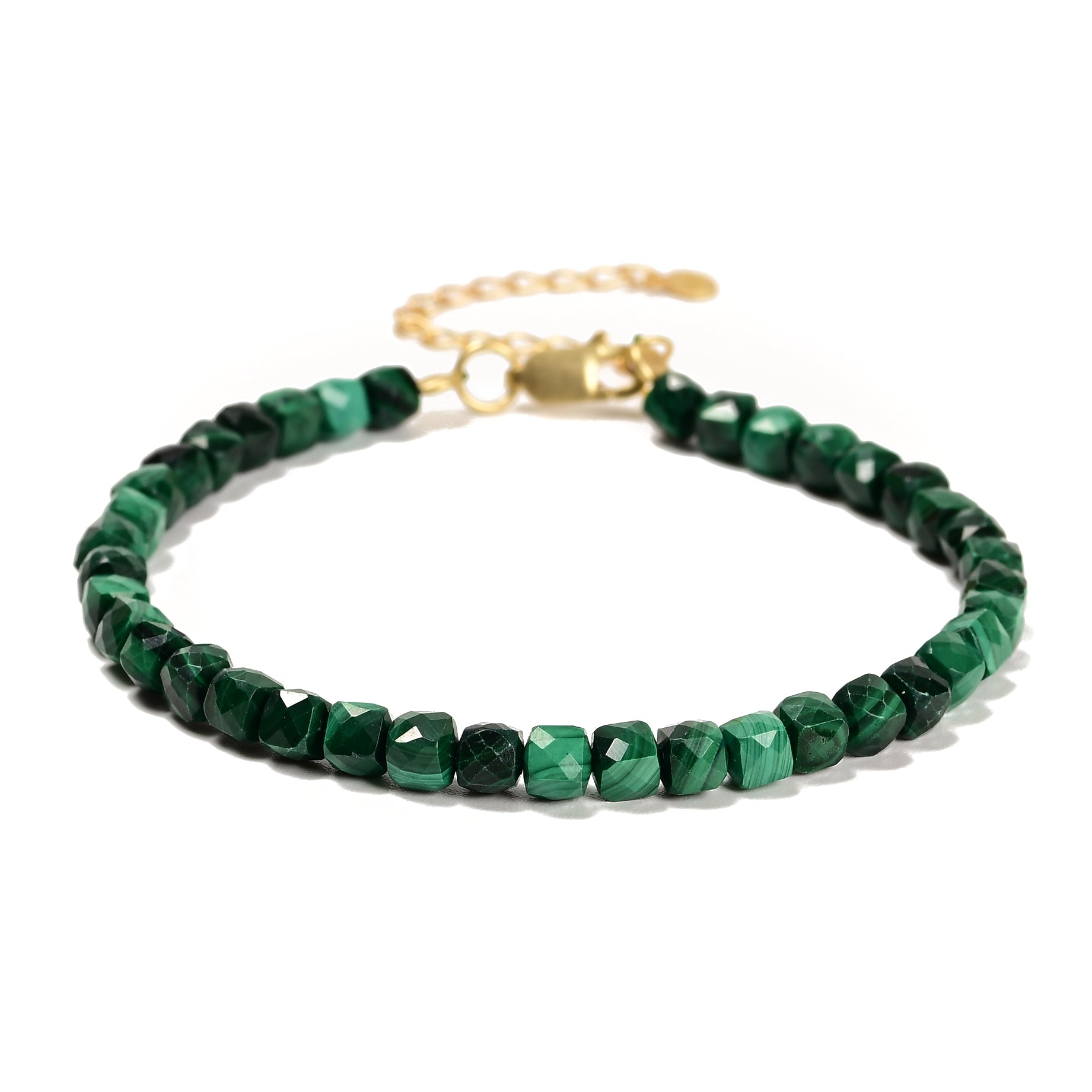 Natural Malachite Faceted 4mm Barrel Bracelet with Sterling Silver Extender