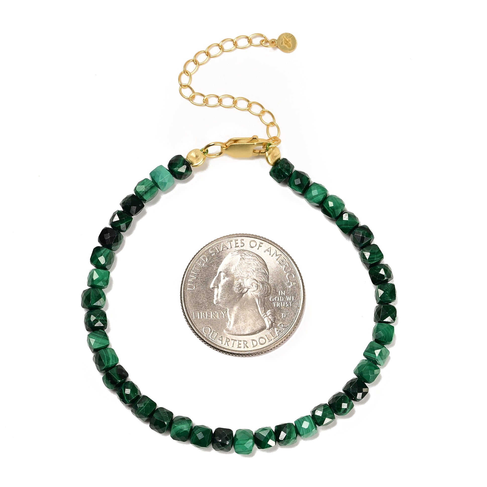 Natural Malachite Faceted 4mm Barrel Bracelet with Sterling Silver Extender