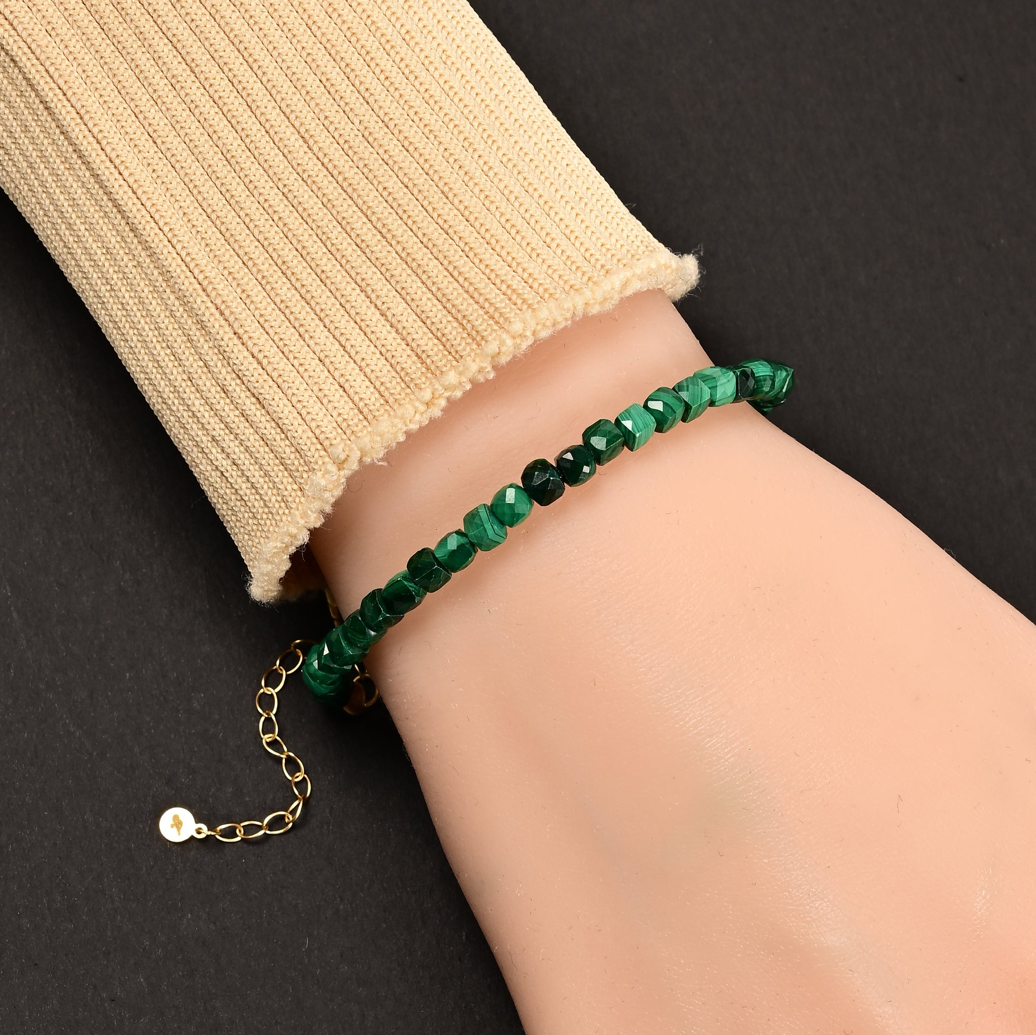 Natural Malachite Faceted 4mm Barrel Bracelet with Sterling Silver Extender