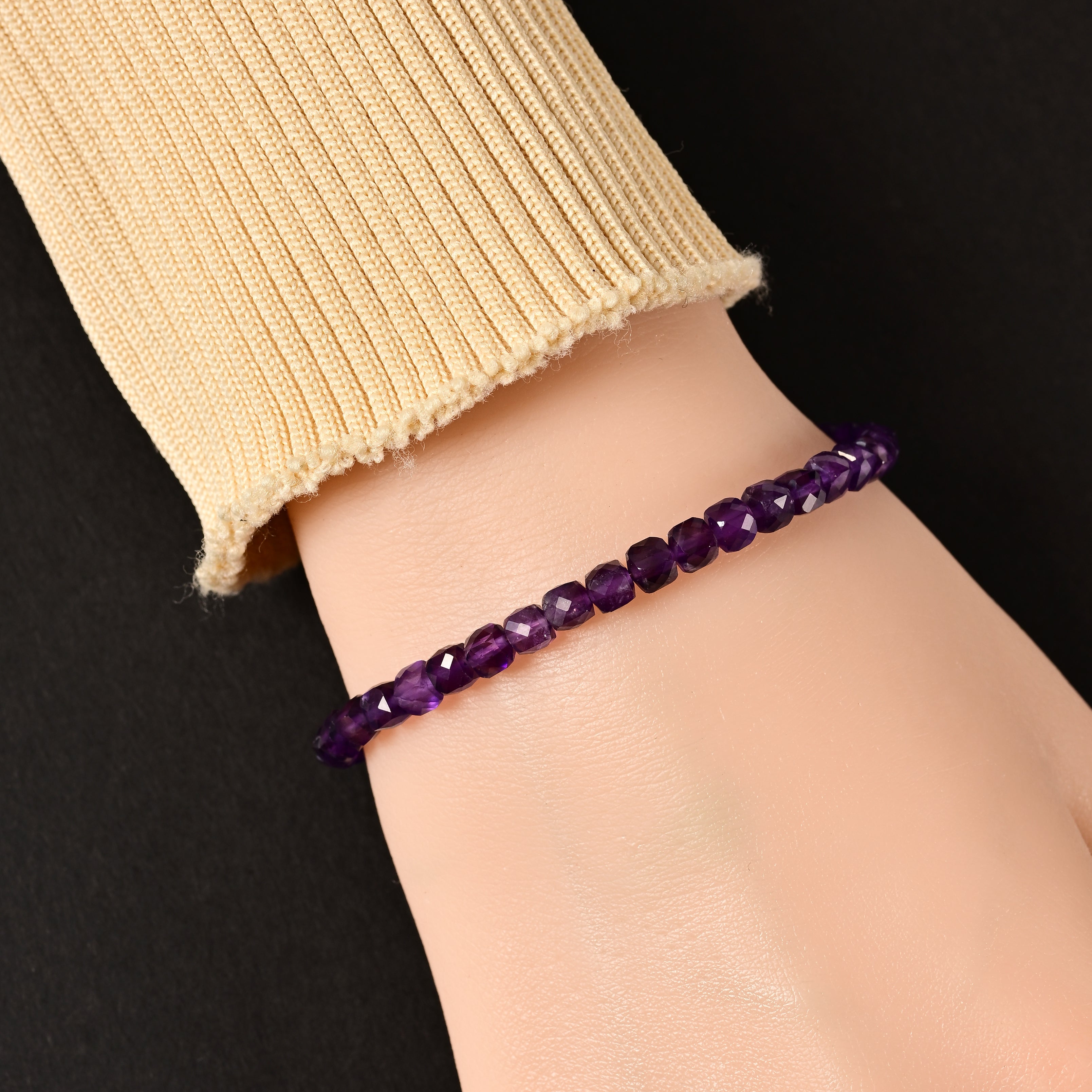 Natural Amethyst Faceted 4mm Barrel Bracelet with Sterling Silver Extender