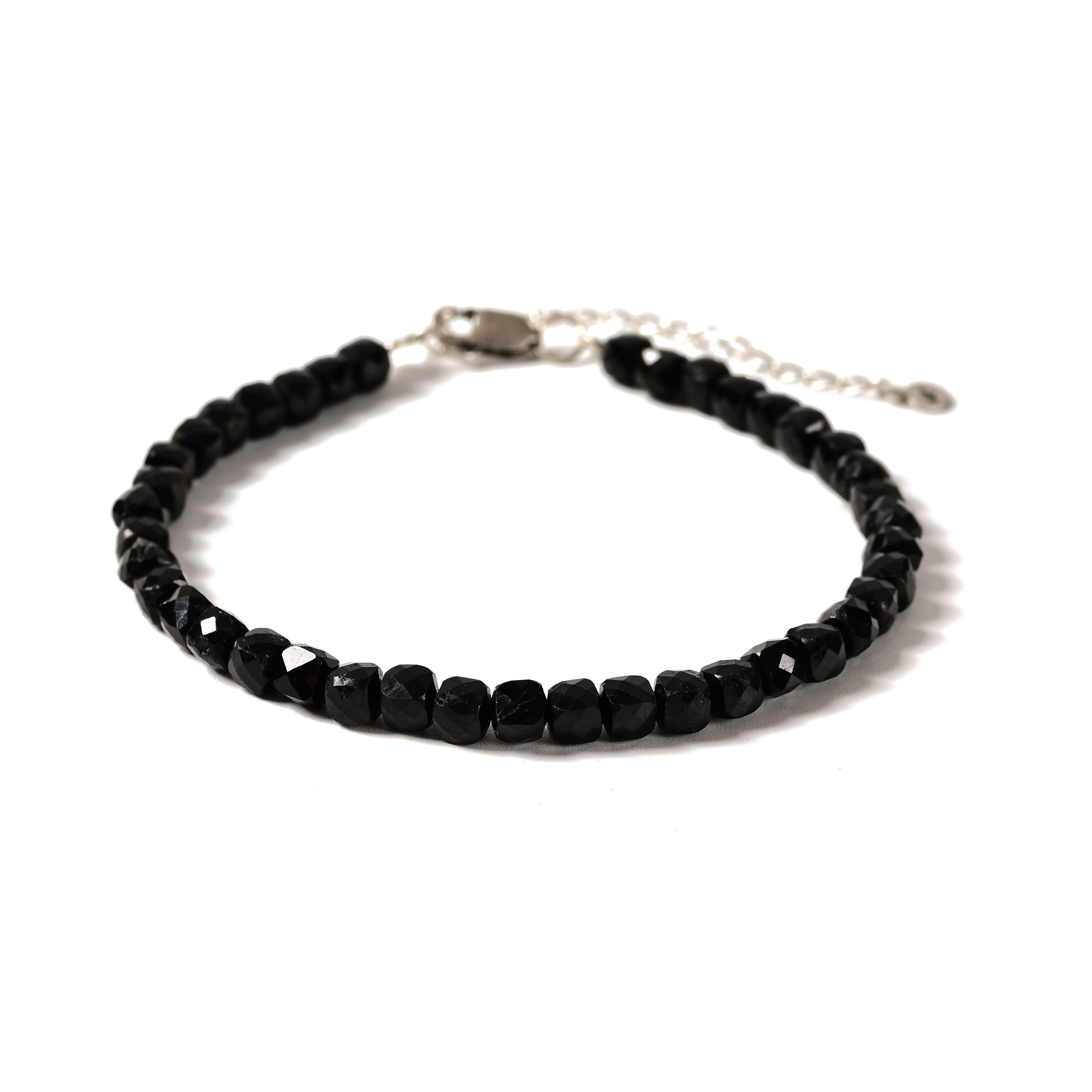 Natural Black Tourmaline Faceted 4mm Barrel Bracelet with Sterling Silver Extender