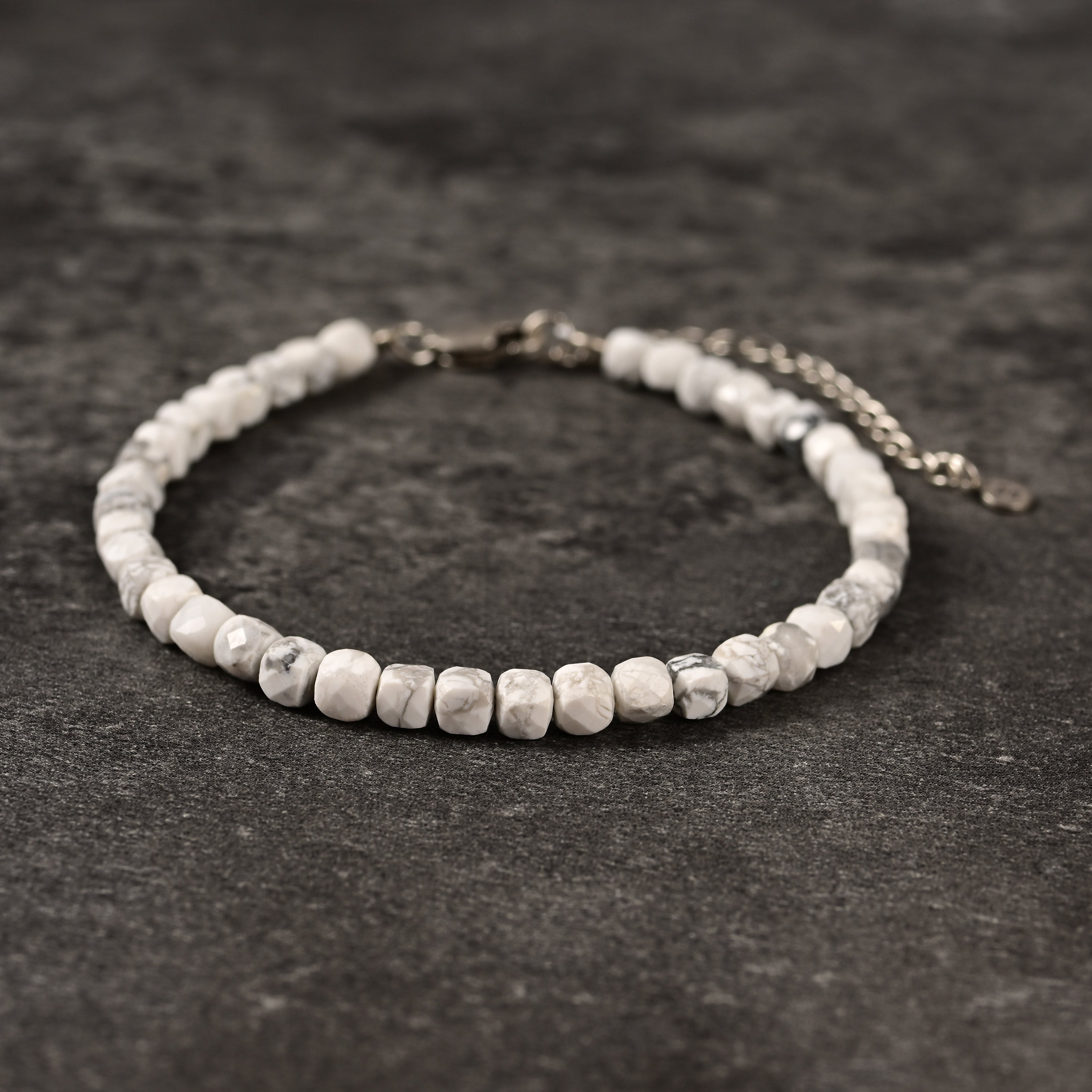 Natural Howlite Faceted 4mm Barrel Bracelet with Sterling Silver Extender