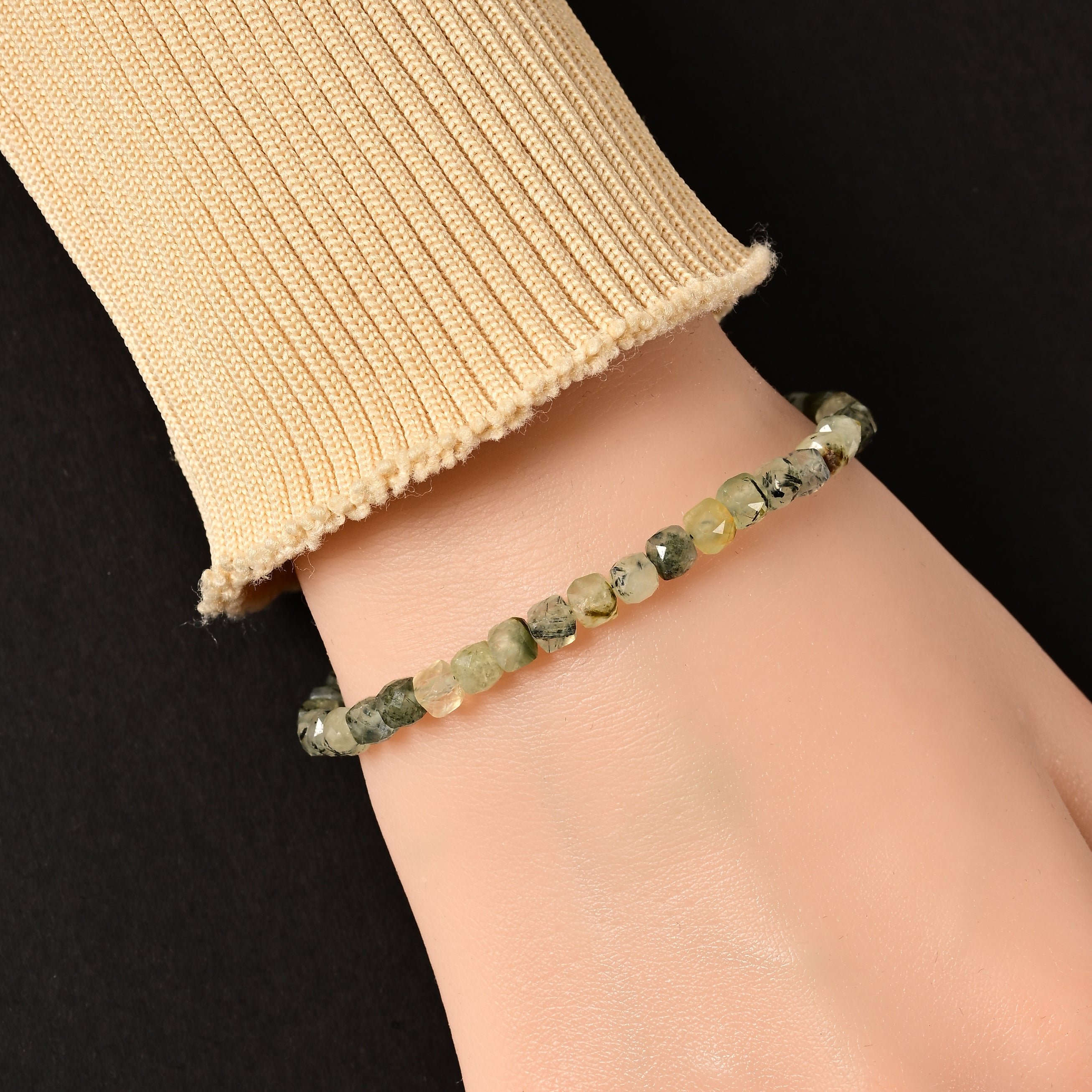 Natural Prehnite Faceted 4mm Barrel Bracelet with Sterling Silver Extender