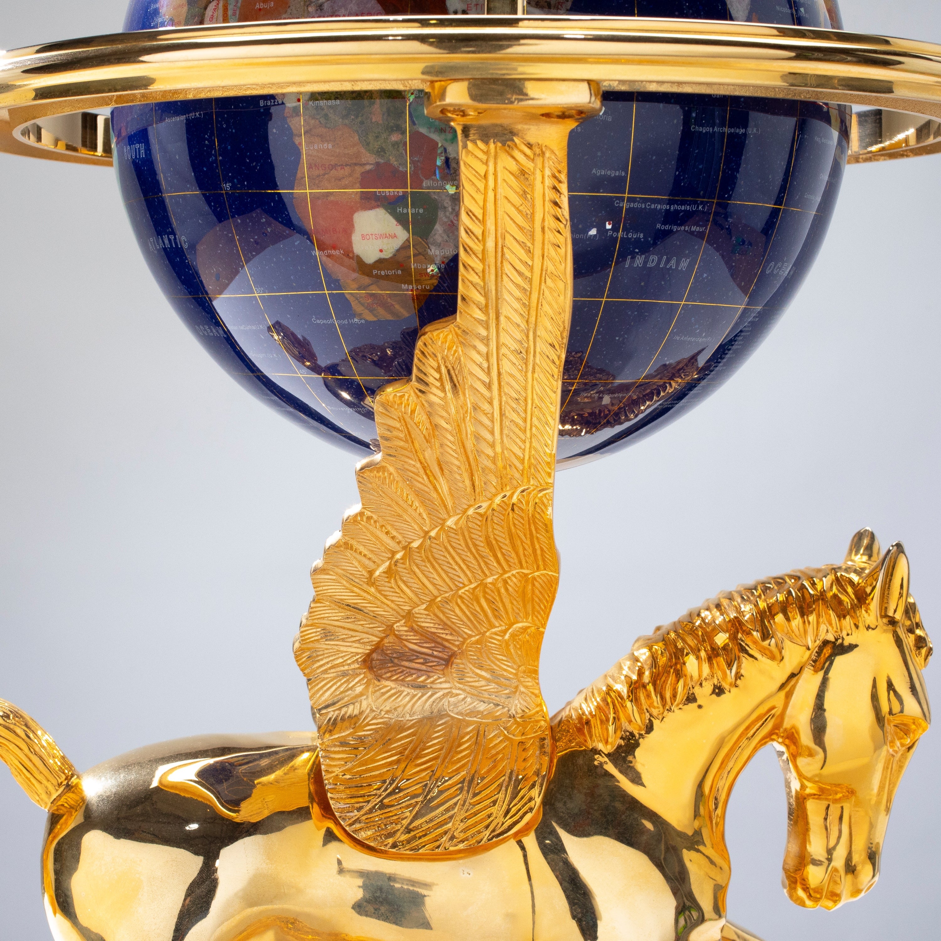 21" Tall Gemstone Globe with 9" Lapis Ocean on 24k Gold Plated Pegasus Stand