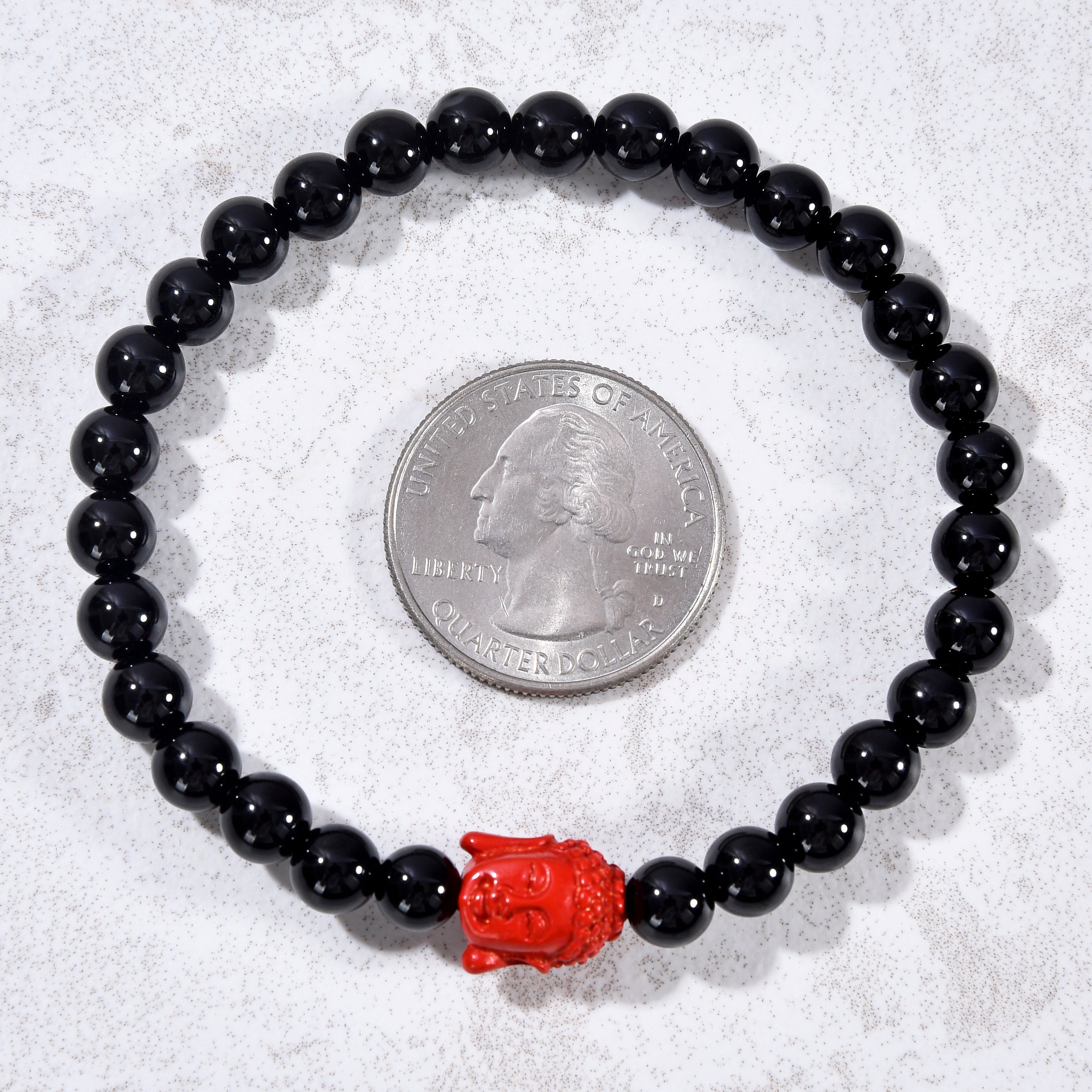 Black Agate 6mm Elastic Gemstone Bracelet with Cinnabar Buddha