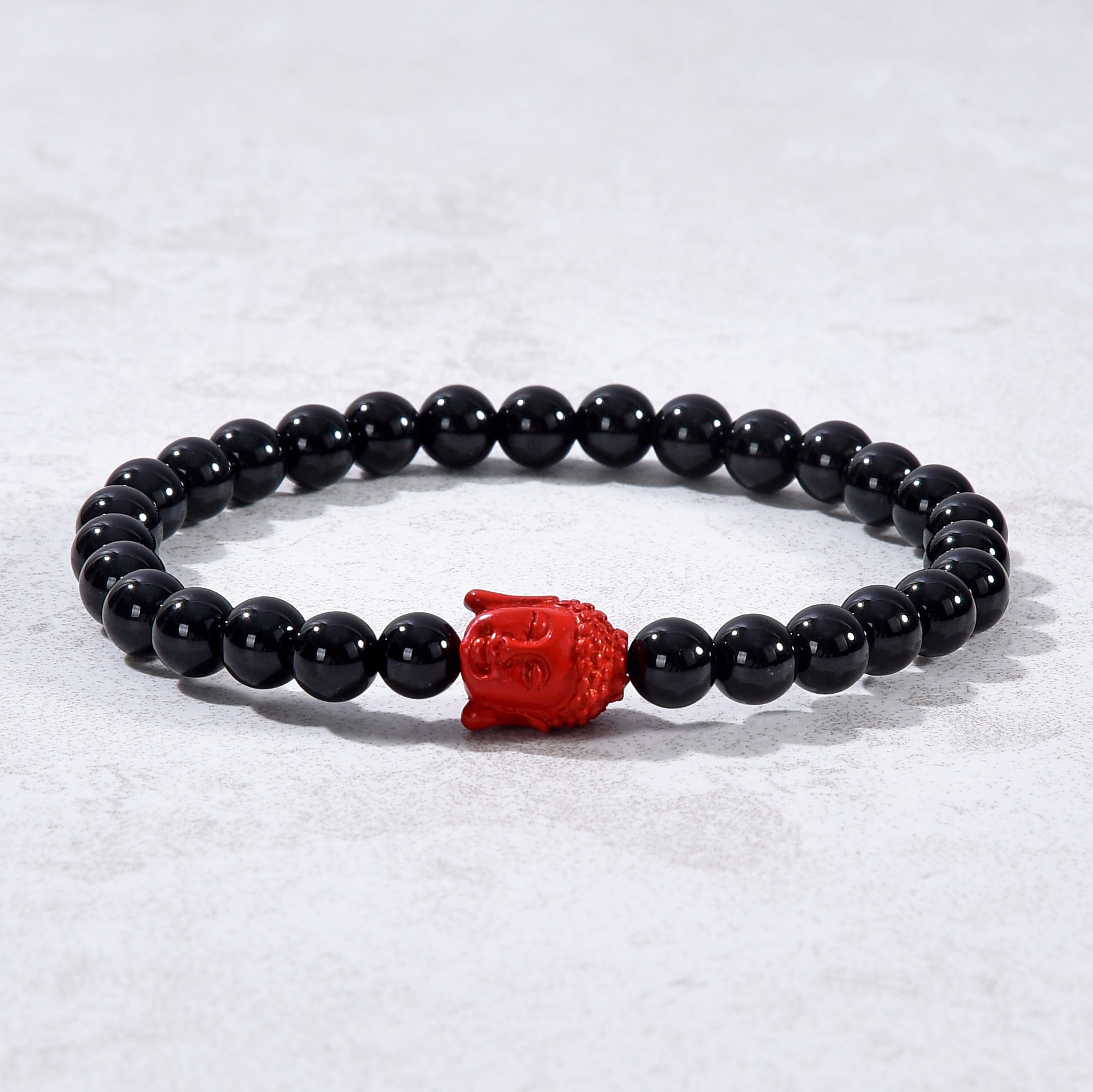 Black Agate 6mm Elastic Gemstone Bracelet with Cinnabar Buddha