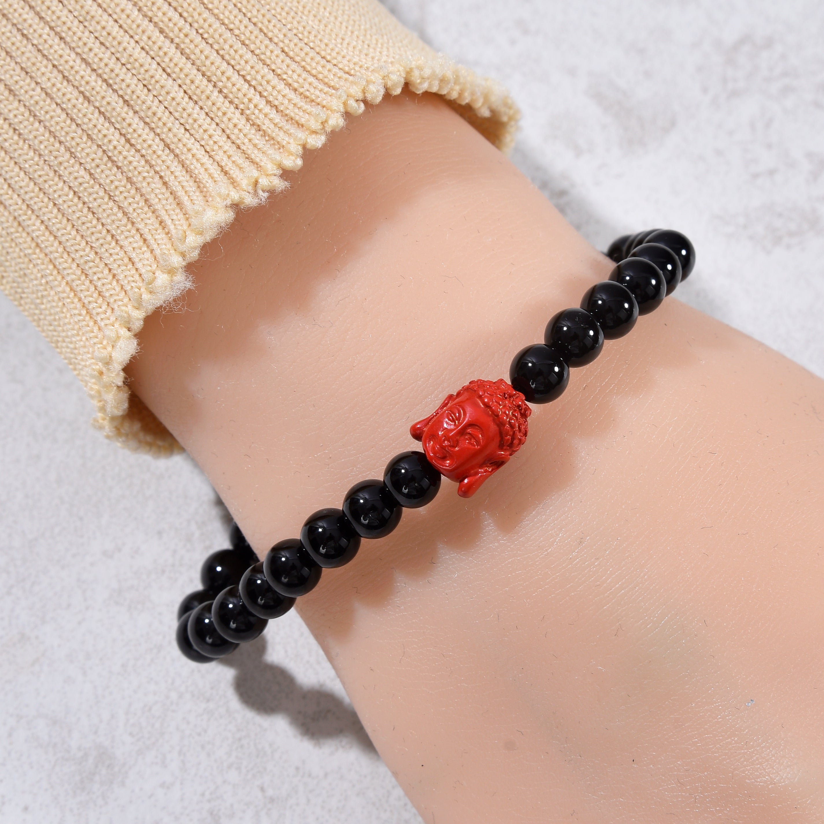 Black Agate 6mm Elastic Gemstone Bracelet with Cinnabar Buddha