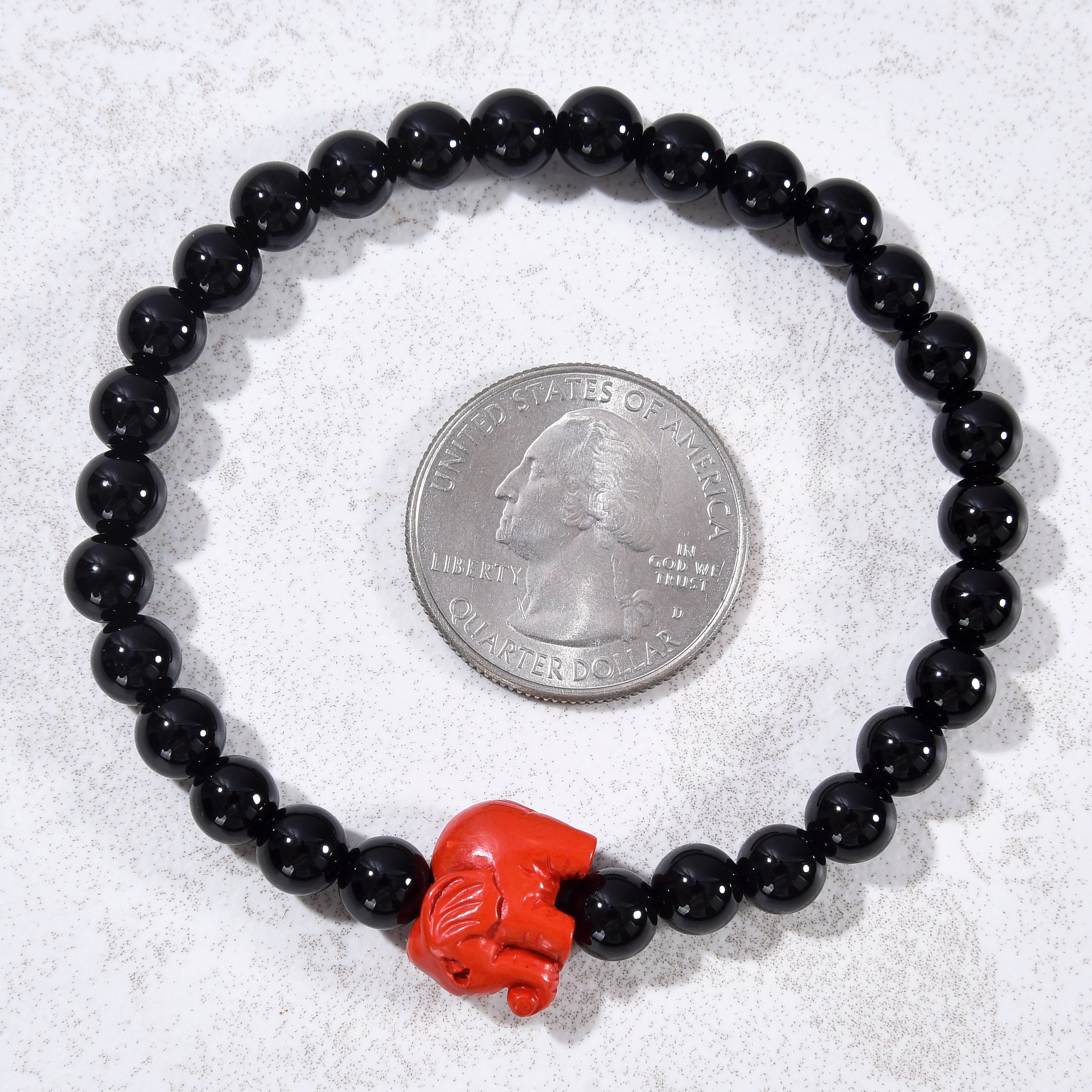 Black Agate 6mm Elastic Gemstone Bracelet with Cinnabar Elephant