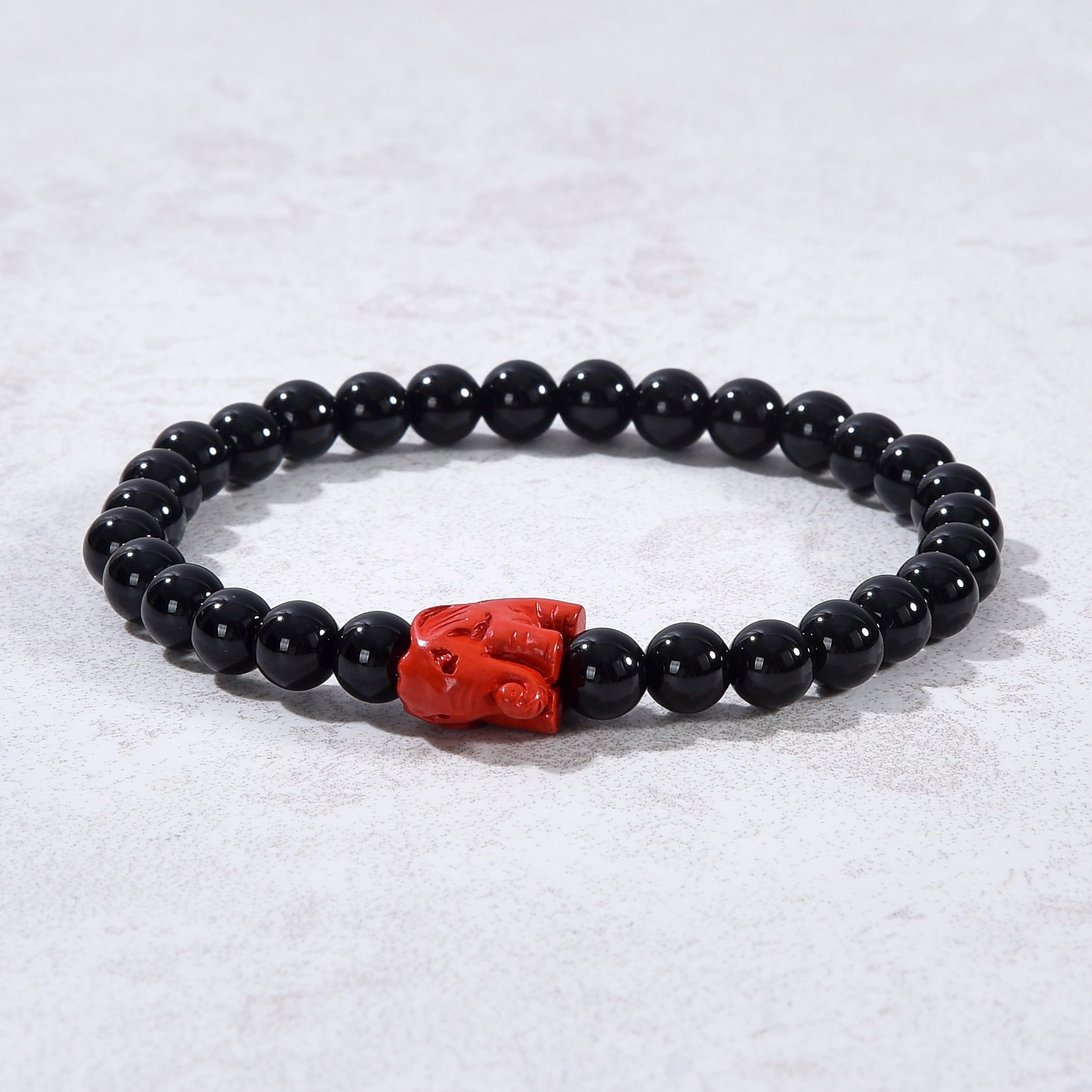 Black Agate 6mm Elastic Gemstone Bracelet with Cinnabar Elephant