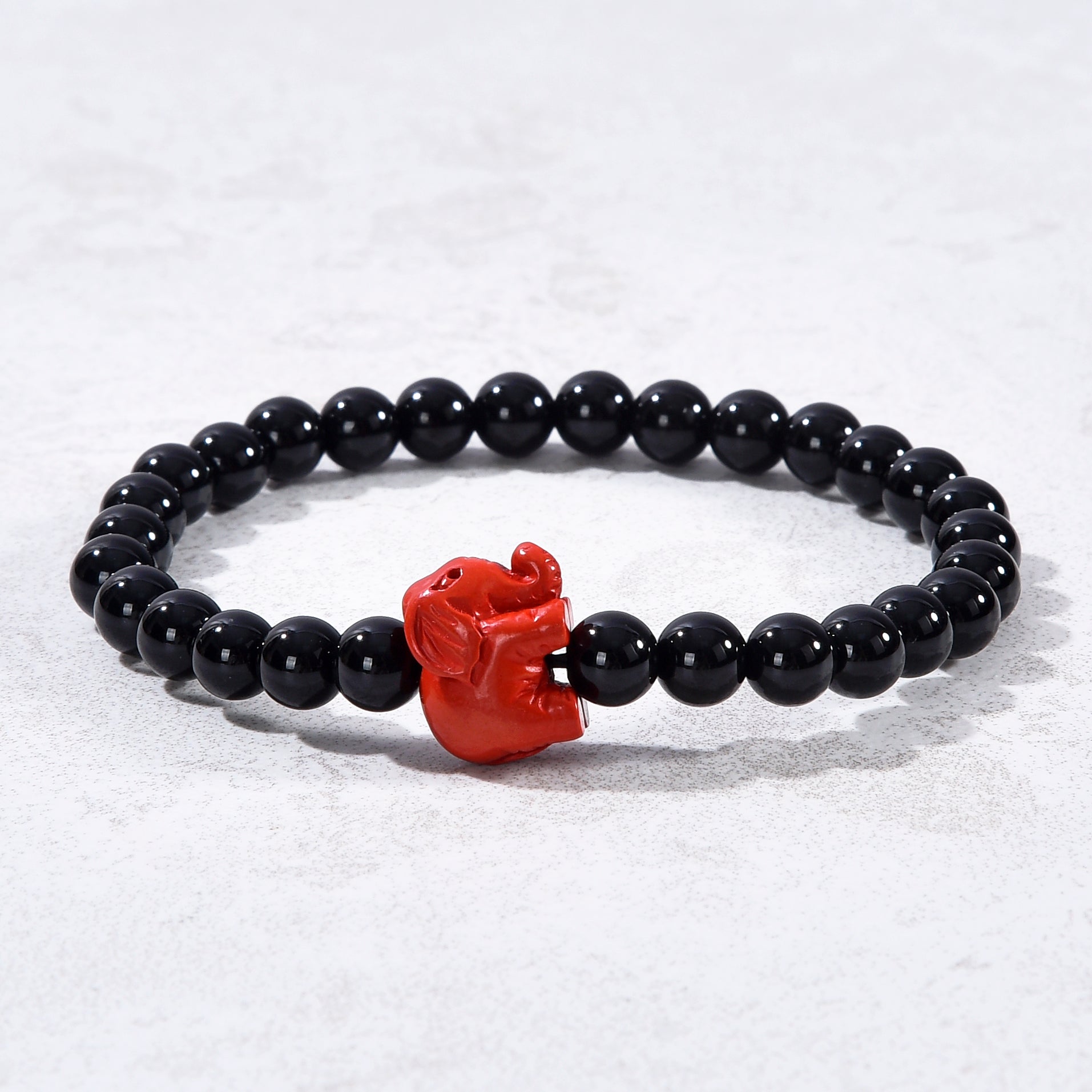 Black Agate 6mm Elastic Gemstone Bracelet with Cinnabar Elephant