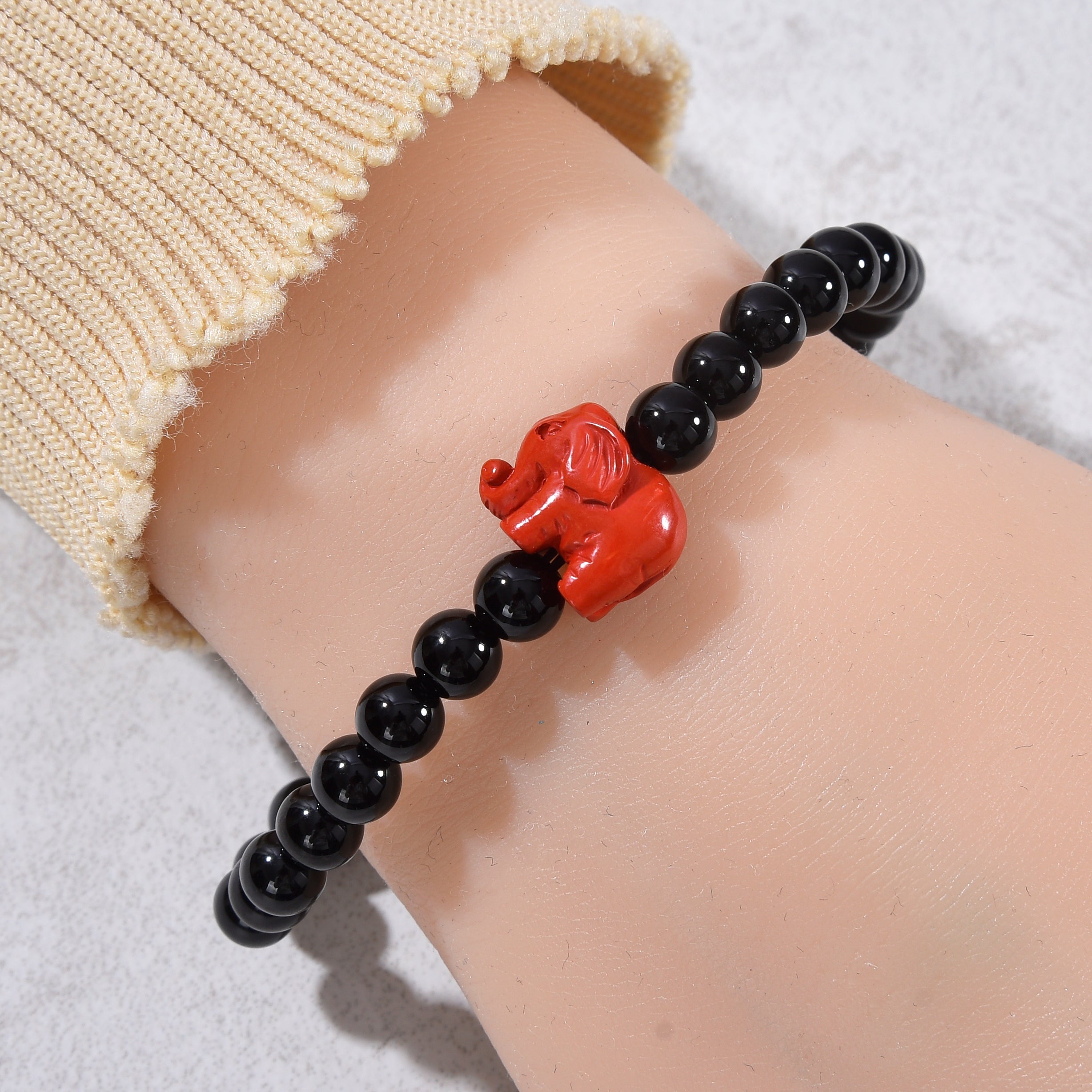 Black Agate 6mm Elastic Gemstone Bracelet with Cinnabar Elephant