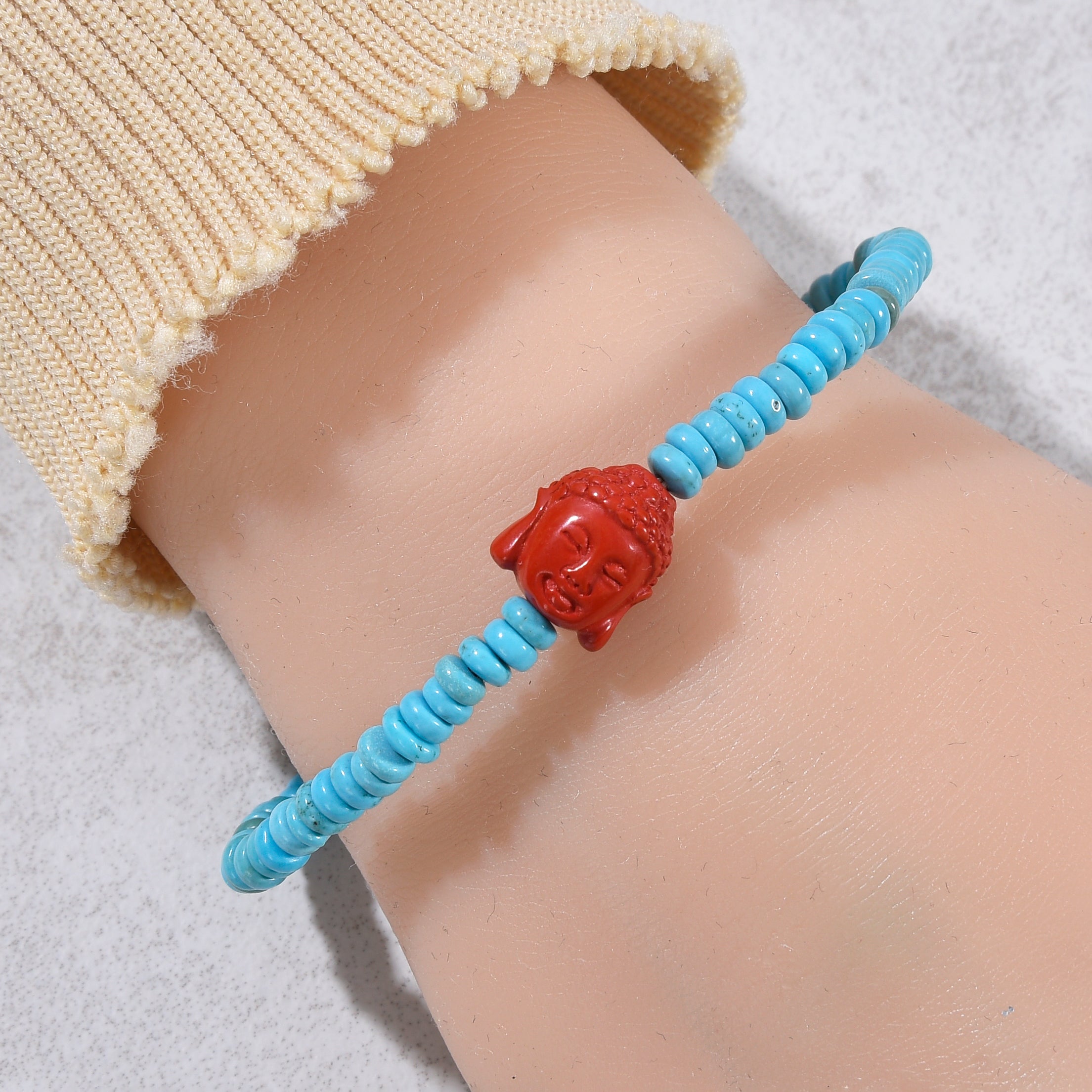 Howlite Turquoise 2x4mm Elastic Gemstone Bracelet with Cinnabar Buddha