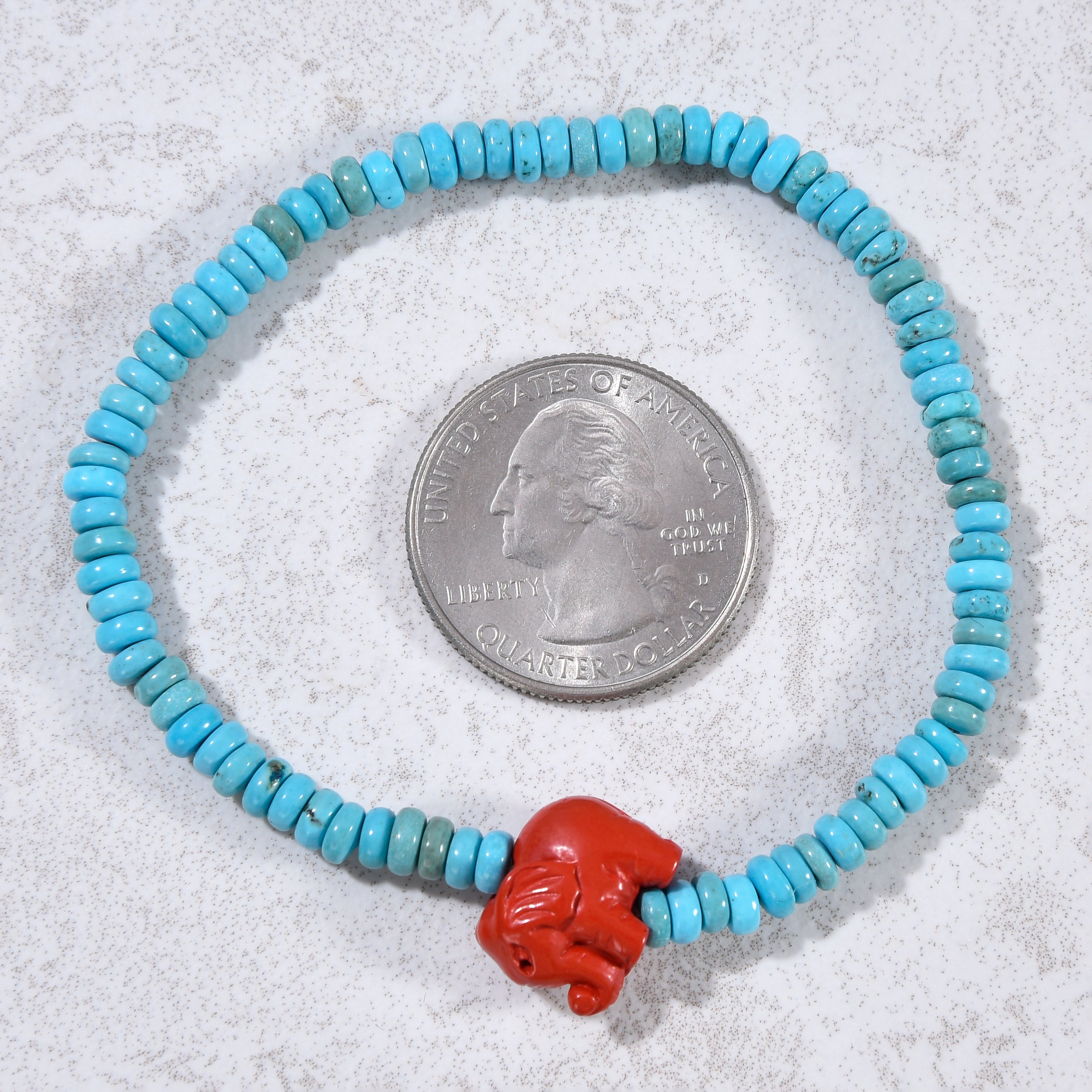 Howlite Turquoise 2x4mm Elastic Gemstone Bracelet with Cinnabar Elephant