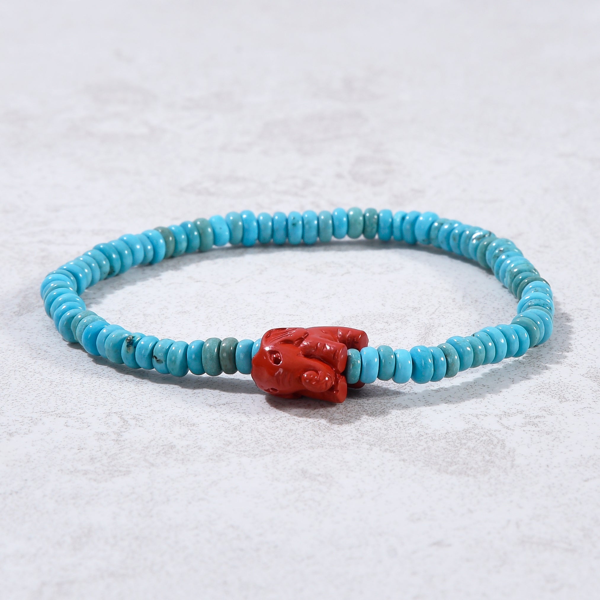 Howlite Turquoise 2x4mm Elastic Gemstone Bracelet with Cinnabar Elephant