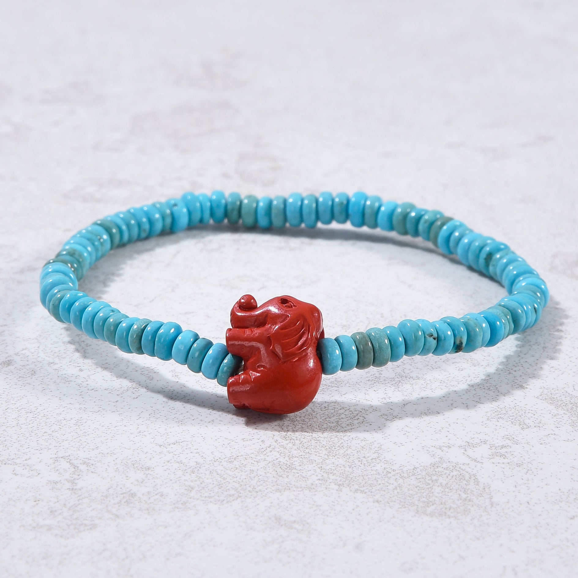 Howlite Turquoise 2x4mm Elastic Gemstone Bracelet with Cinnabar Elephant