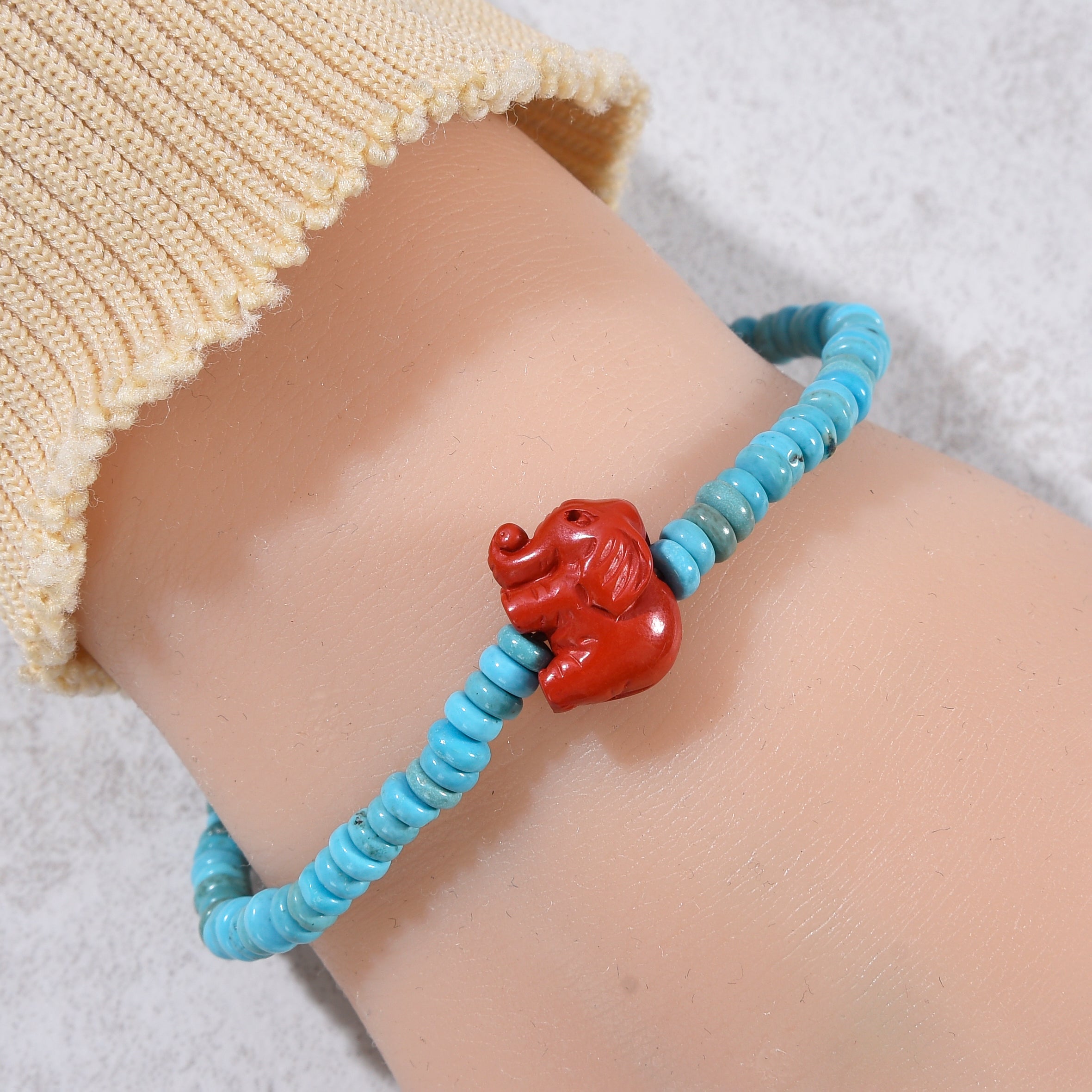 Howlite Turquoise 2x4mm Elastic Gemstone Bracelet with Cinnabar Elephant