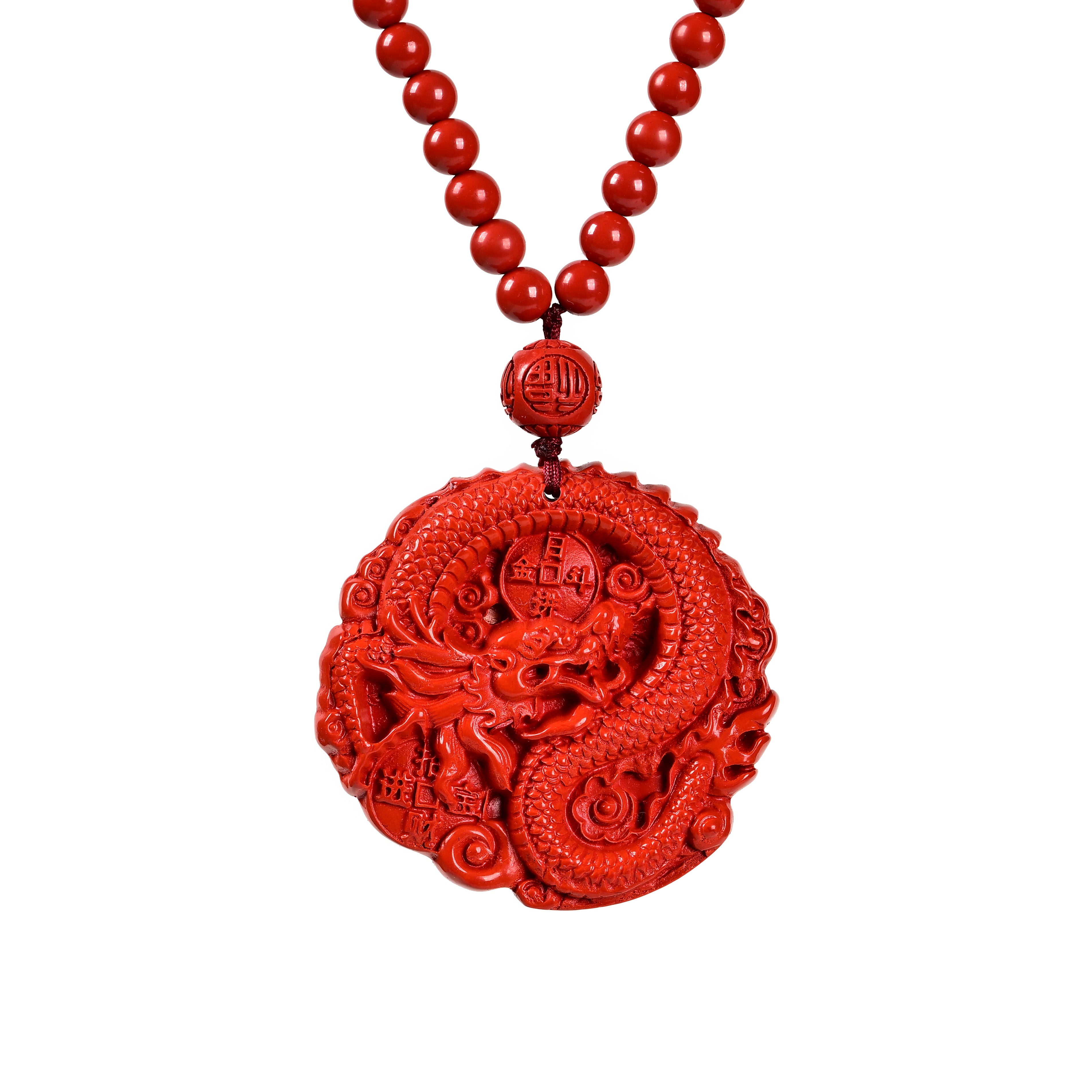 Cinnabar Carving Dragon Amulet Necklace