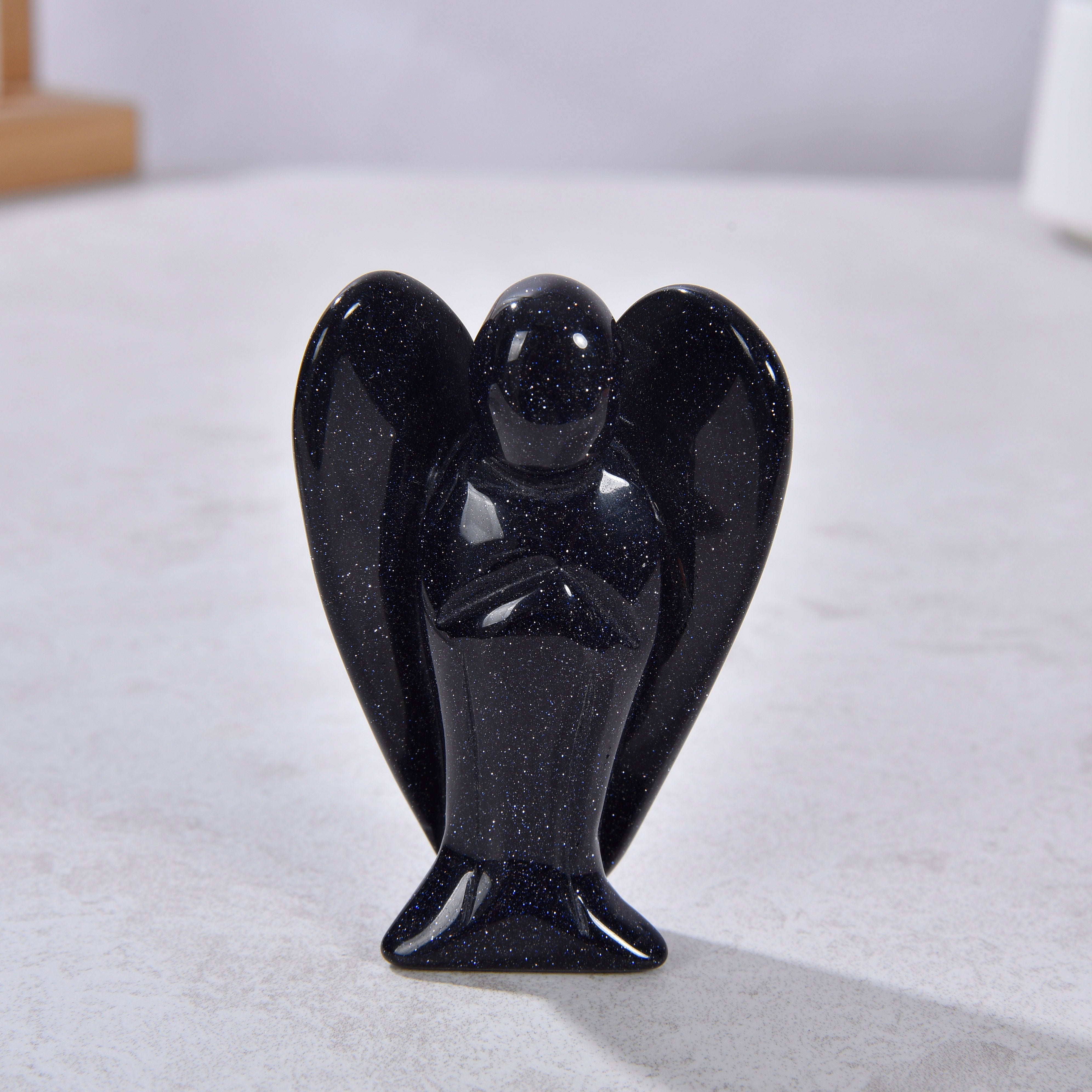 3" Blue Gold Stone Angel Natural Gemstone Carving