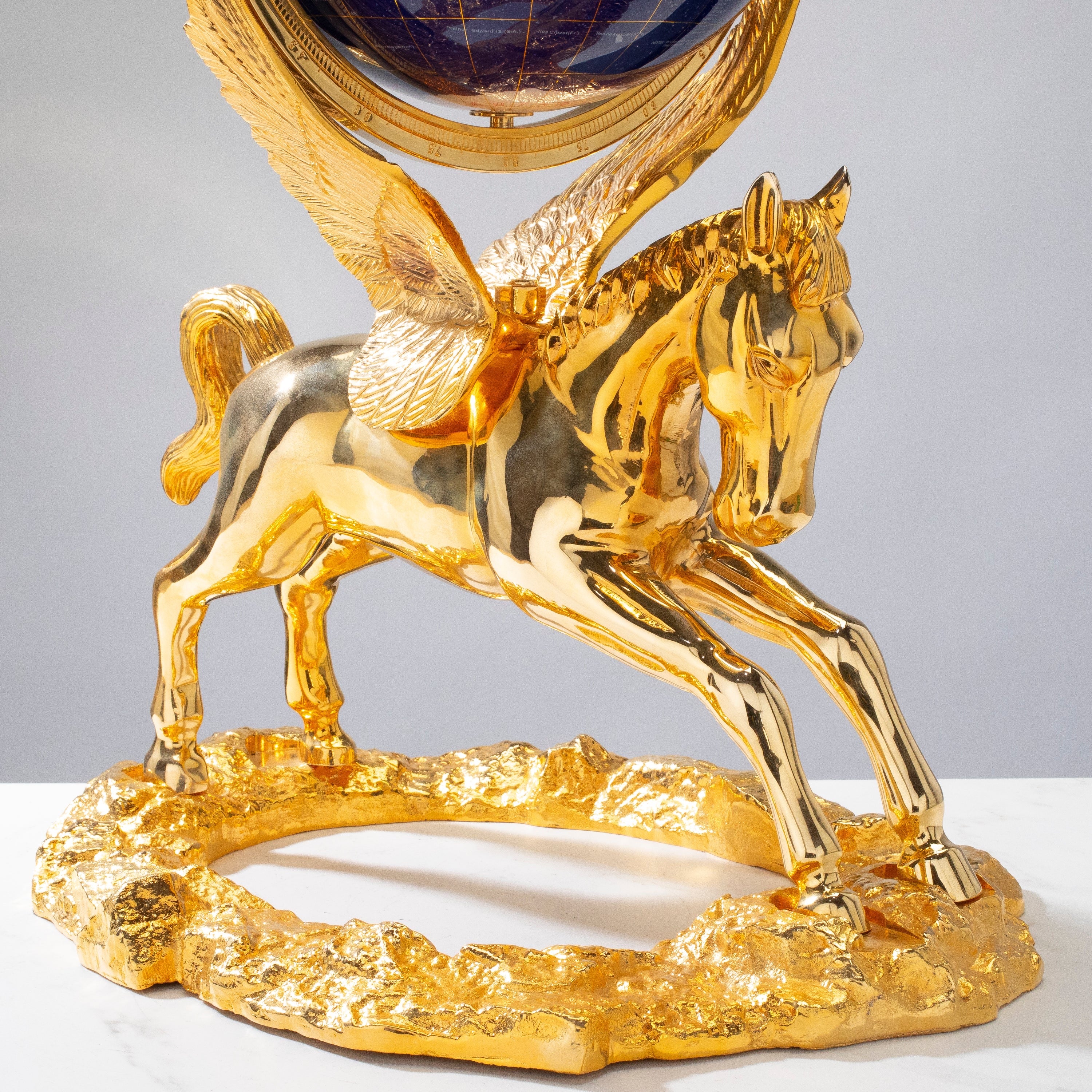 21" Tall Gemstone Globe with 9" Lapis Ocean on 24k Gold Plated Pegasus Stand