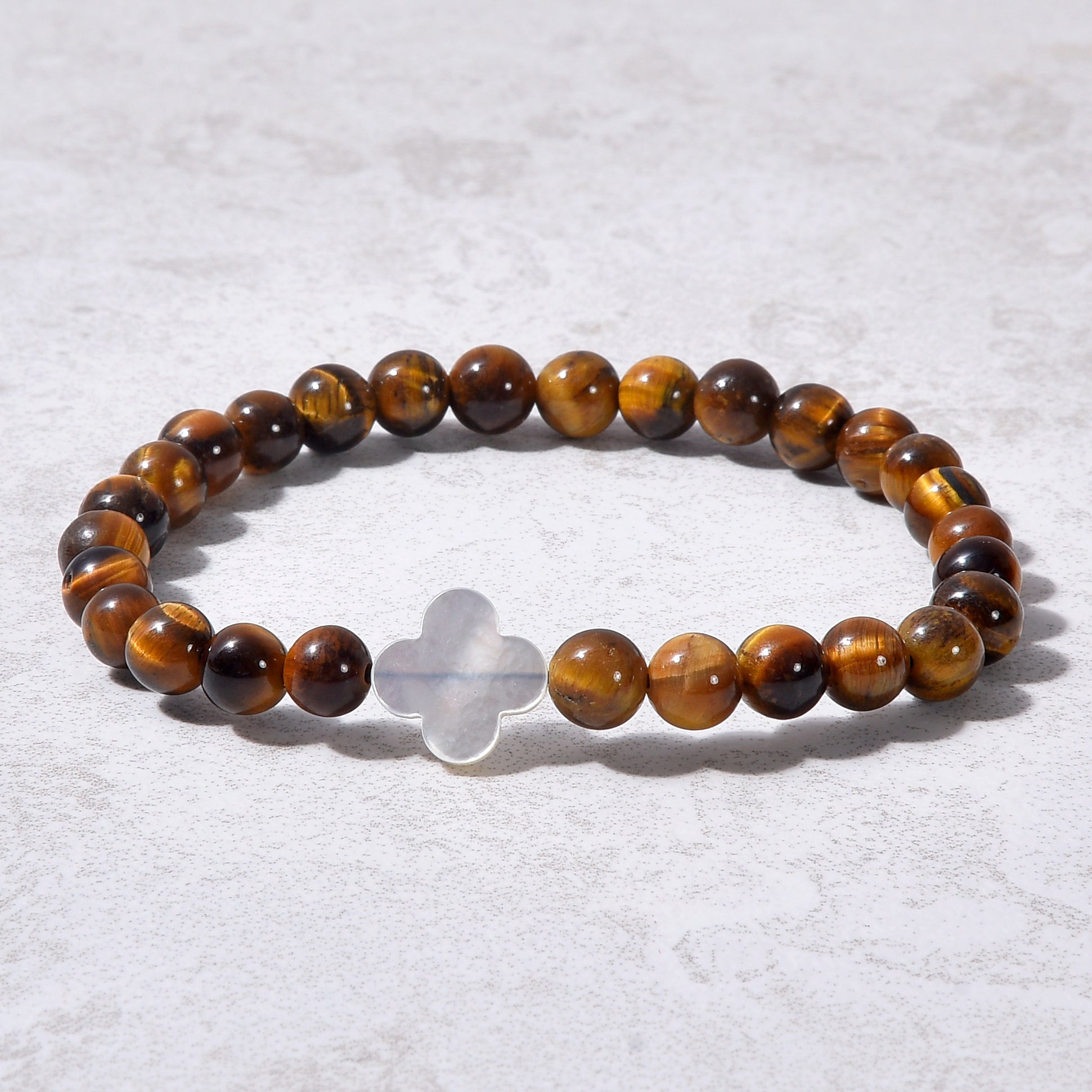 6mm Tiger Eye Stretch Bracelet with Mother of Pearl Clover