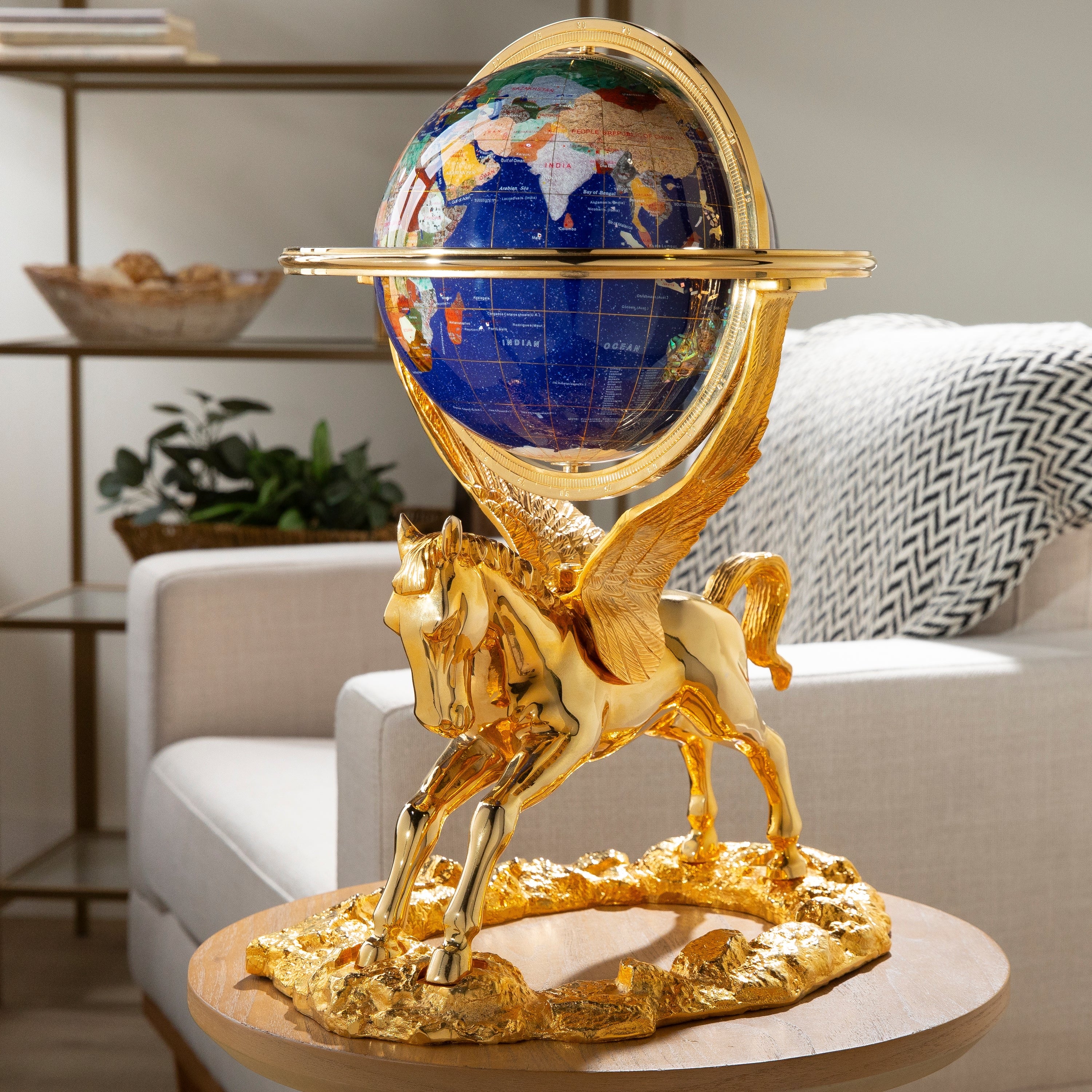 21" Tall Gemstone Globe with 9" Lapis Ocean on 24k Gold Plated Pegasus Stand