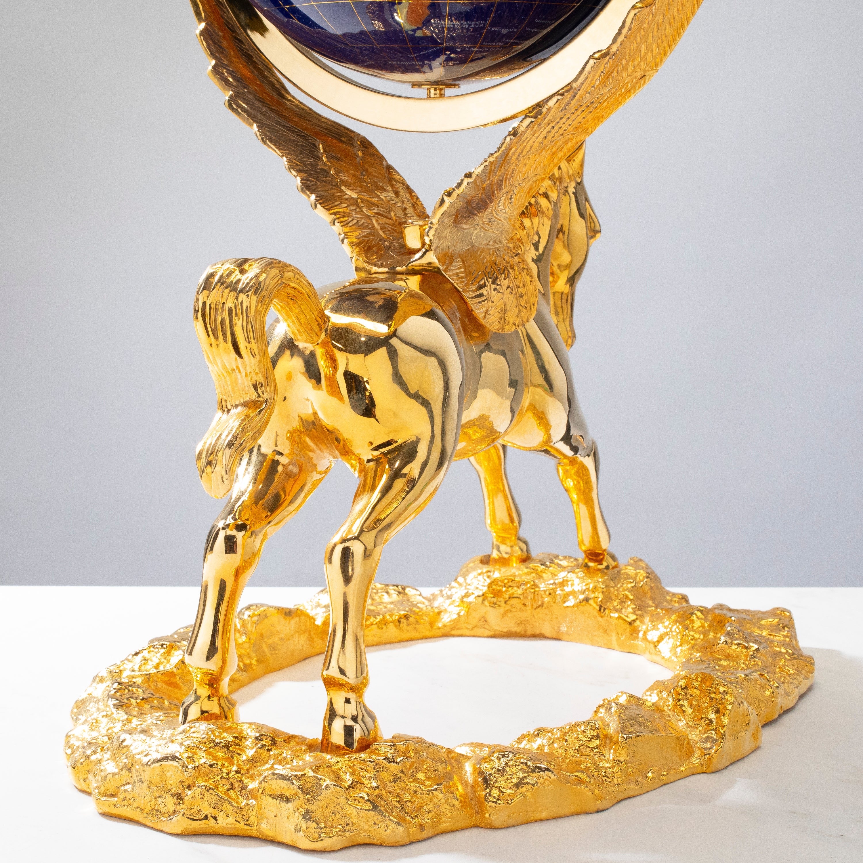 21" Tall Gemstone Globe with 9" Lapis Ocean on 24k Gold Plated Pegasus Stand