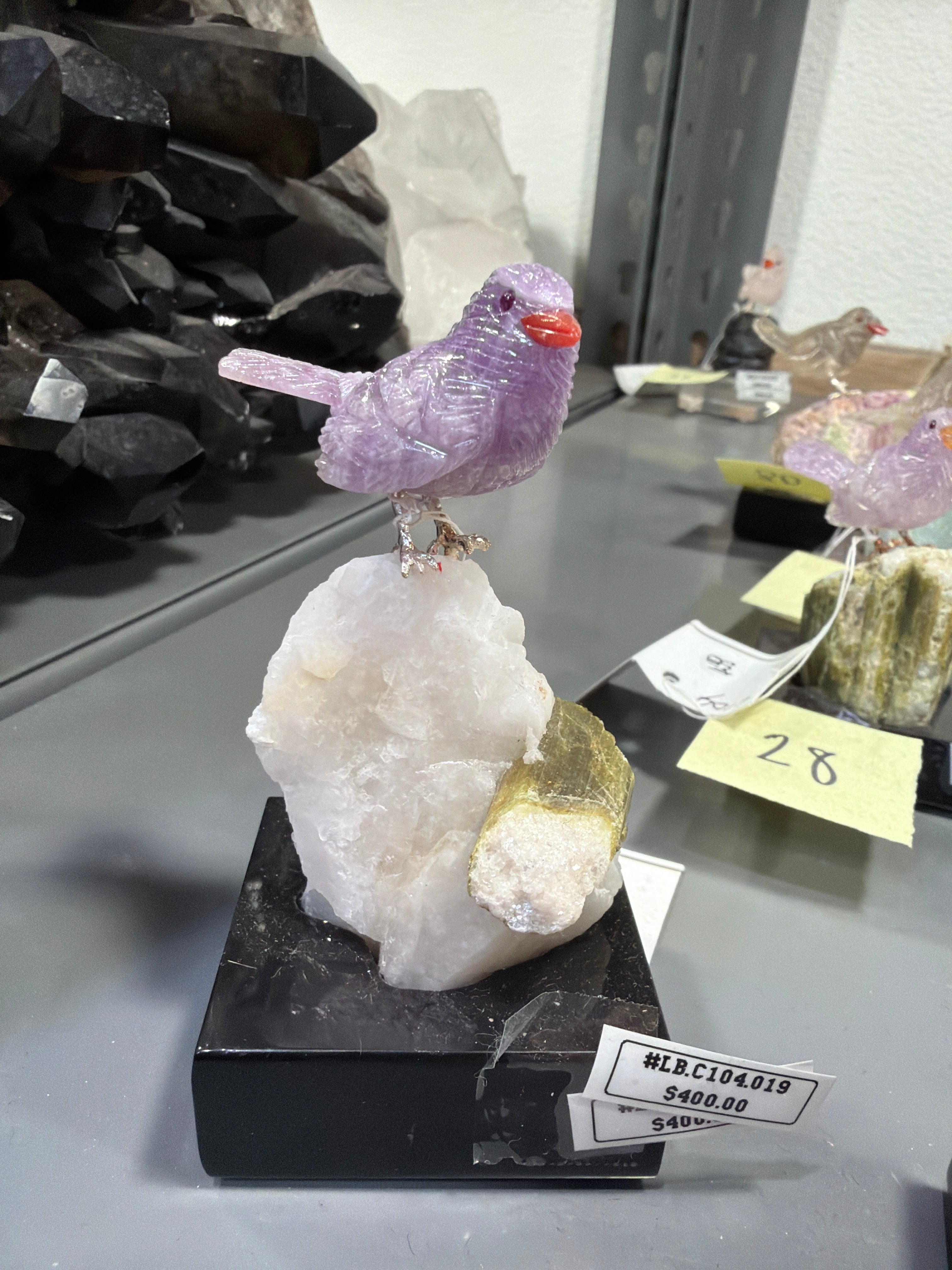 Peter Muller Amethyst Sparrow Carving on Quartz & Tourmaline Base