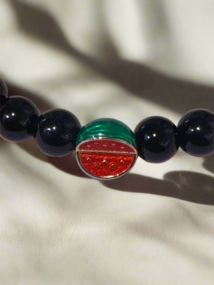 Black Agate and Watermelon Charm Elastic Gemstone Bracelet