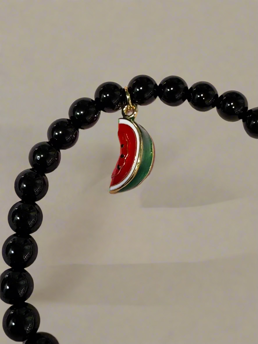 Black Agate and Watermelon Slice Elastic Gemstone Bracelet