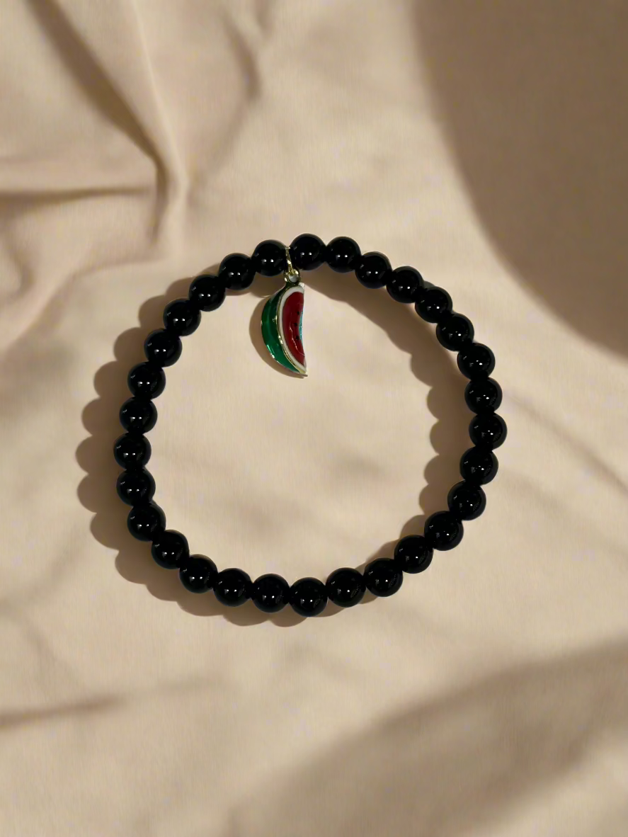 Black Agate and Watermelon Slice Elastic Gemstone Bracelet