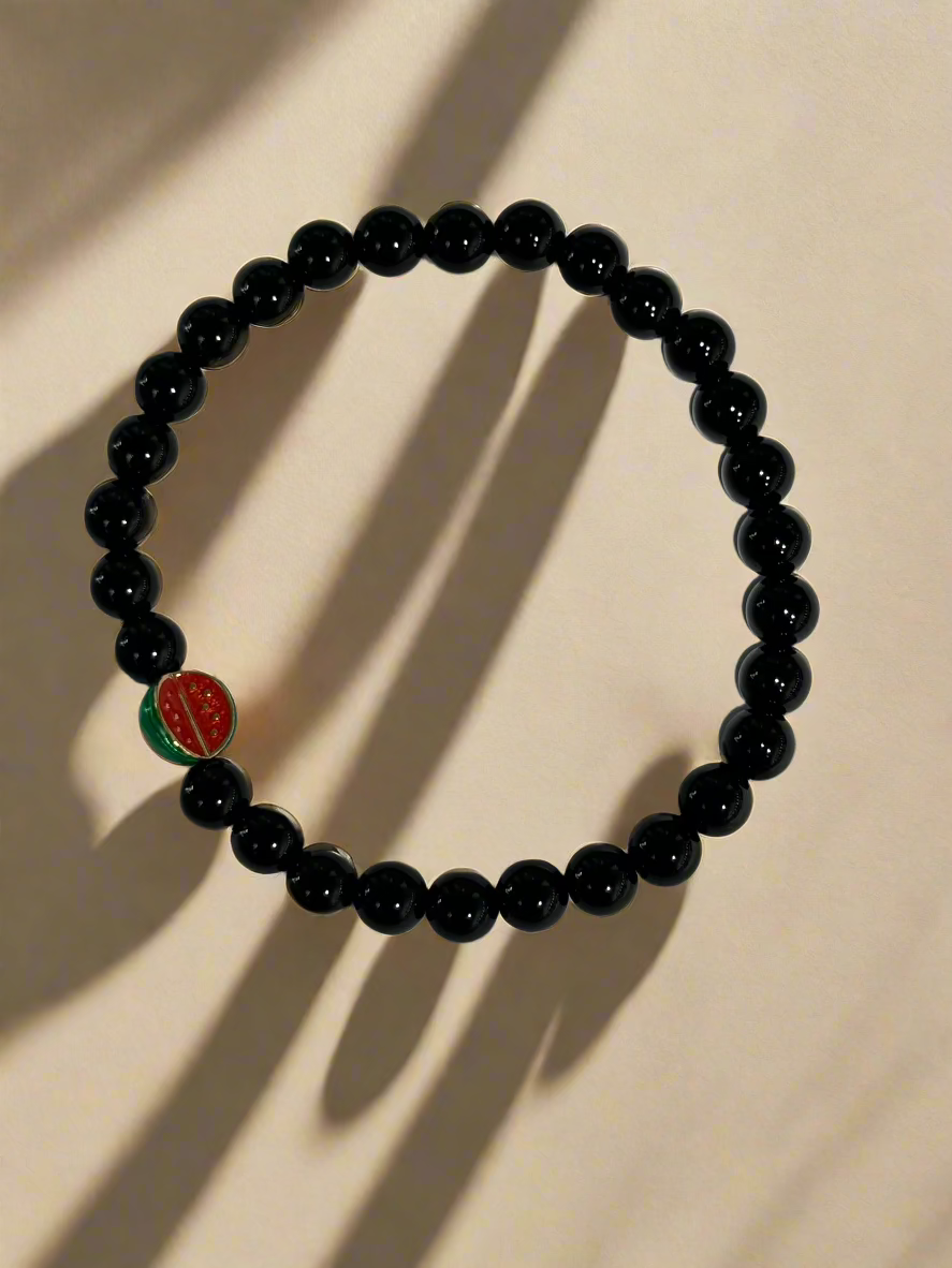 Black Agate and Watermelon Charm Elastic Gemstone Bracelet