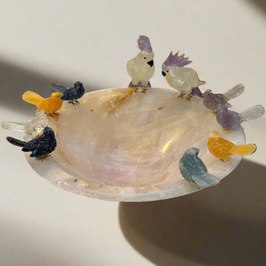 Hummingbird Family on Rose Quartz Bowl Base - 16"