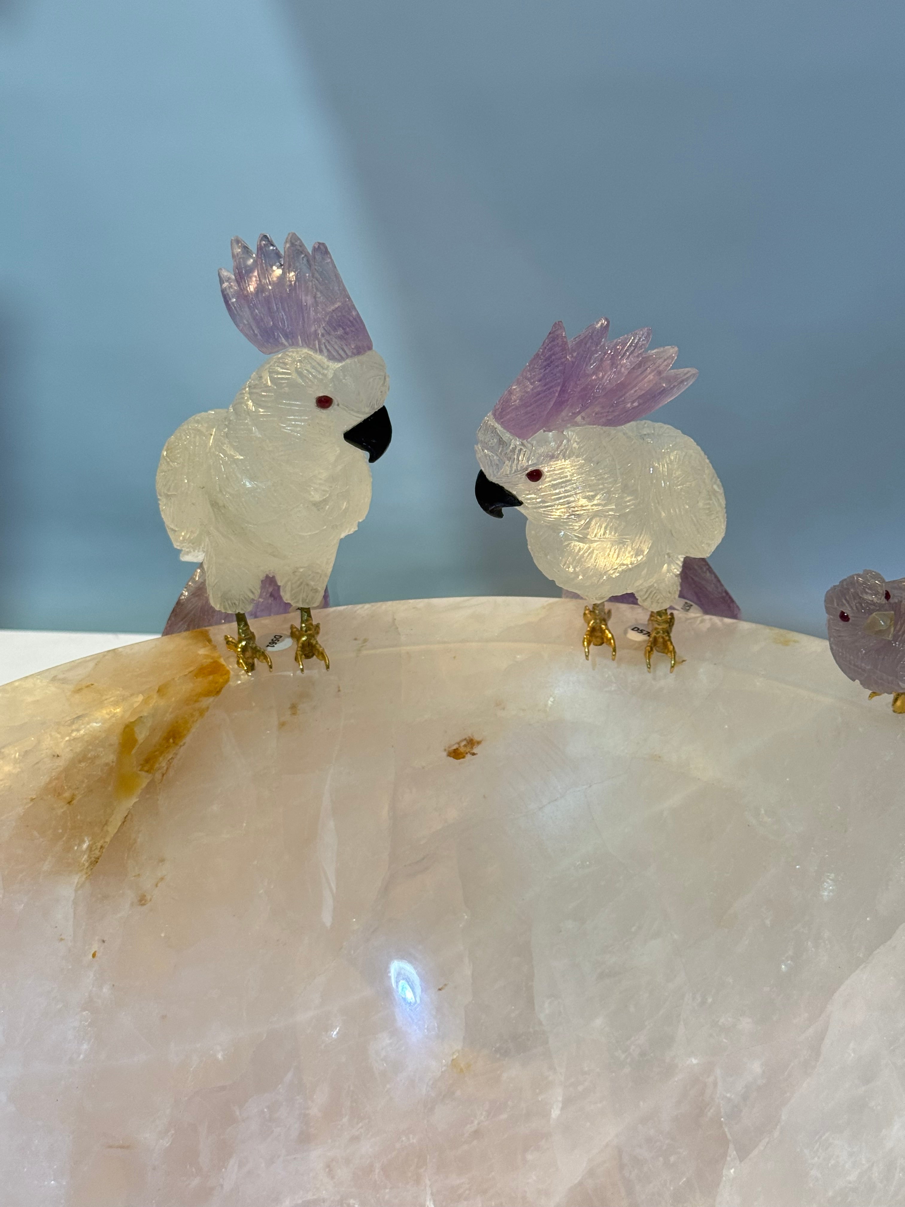 Hummingbird Family on Rose Quartz Bowl Base - 16"