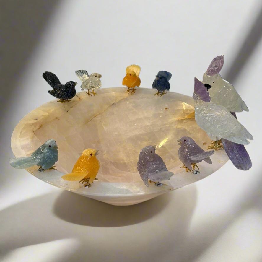 Hummingbird Family on Rose Quartz Bowl Base - 16"