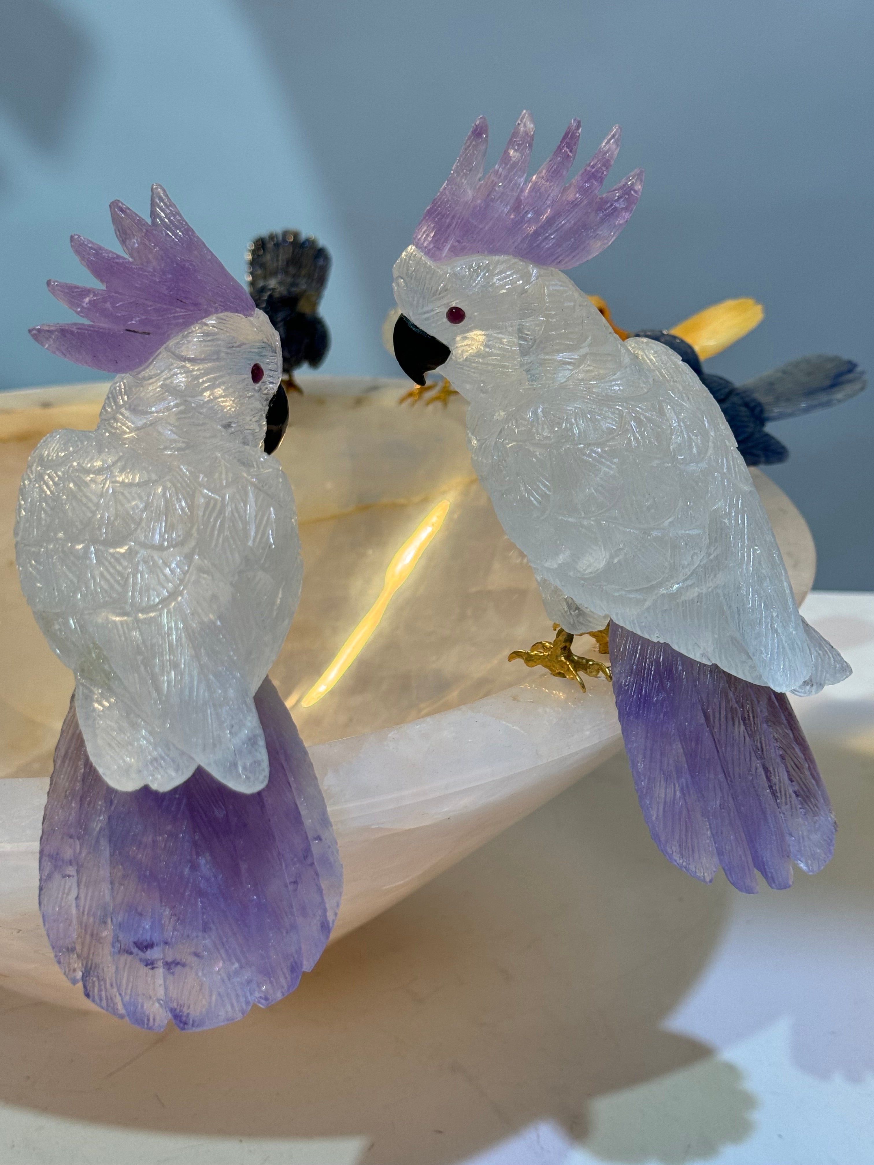 Hummingbird Family on Rose Quartz Bowl Base - 16"