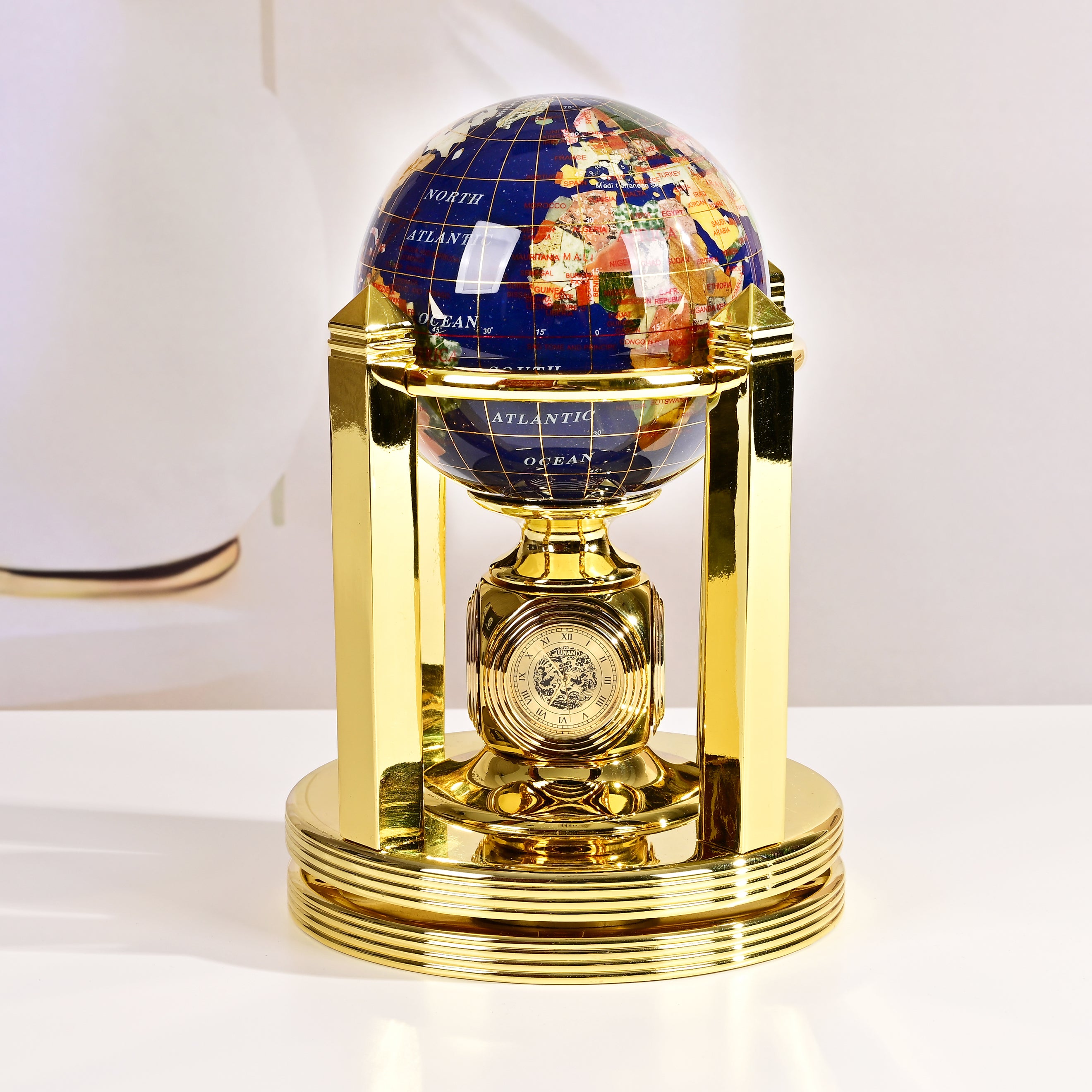 8.5" Tall Gemstone Globe with 5" Lapis Ocean on 24k Gold Plated Bi-directional rotating Stand