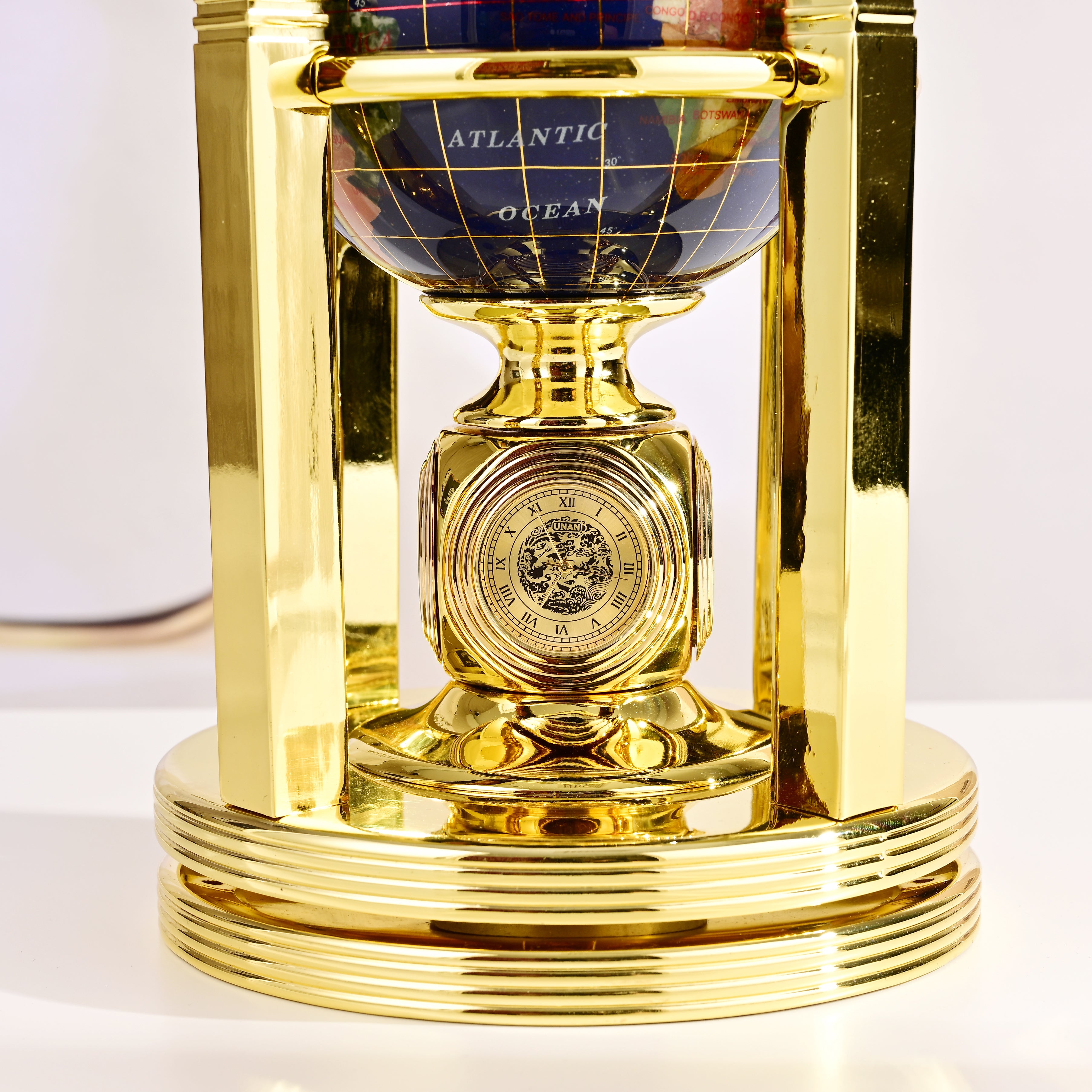 8.5" Tall Gemstone Globe with 5" Lapis Ocean on 24k Gold Plated Bi-directional rotating Stand