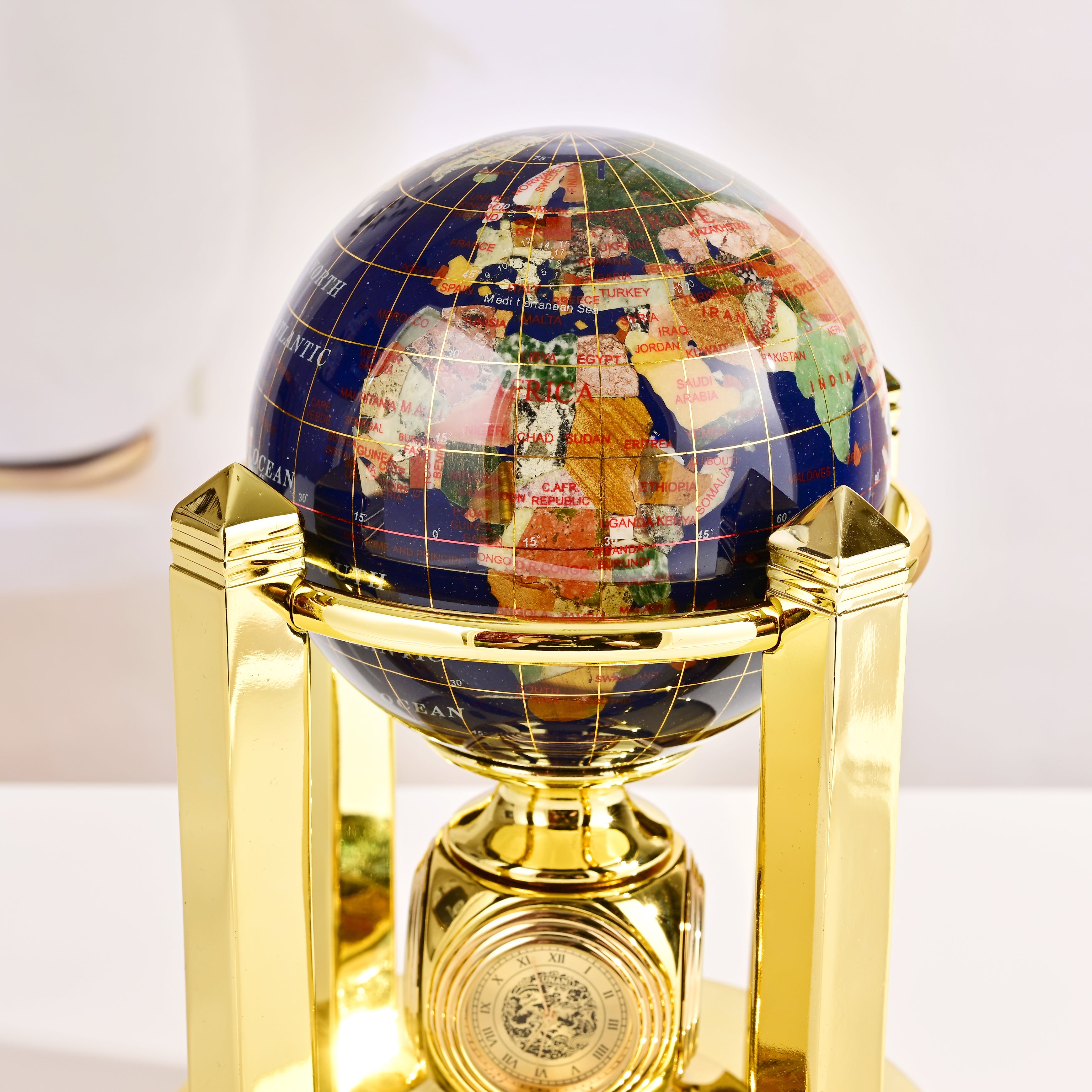 8.5" Tall Gemstone Globe with 5" Lapis Ocean on 24k Gold Plated Bi-directional rotating Stand