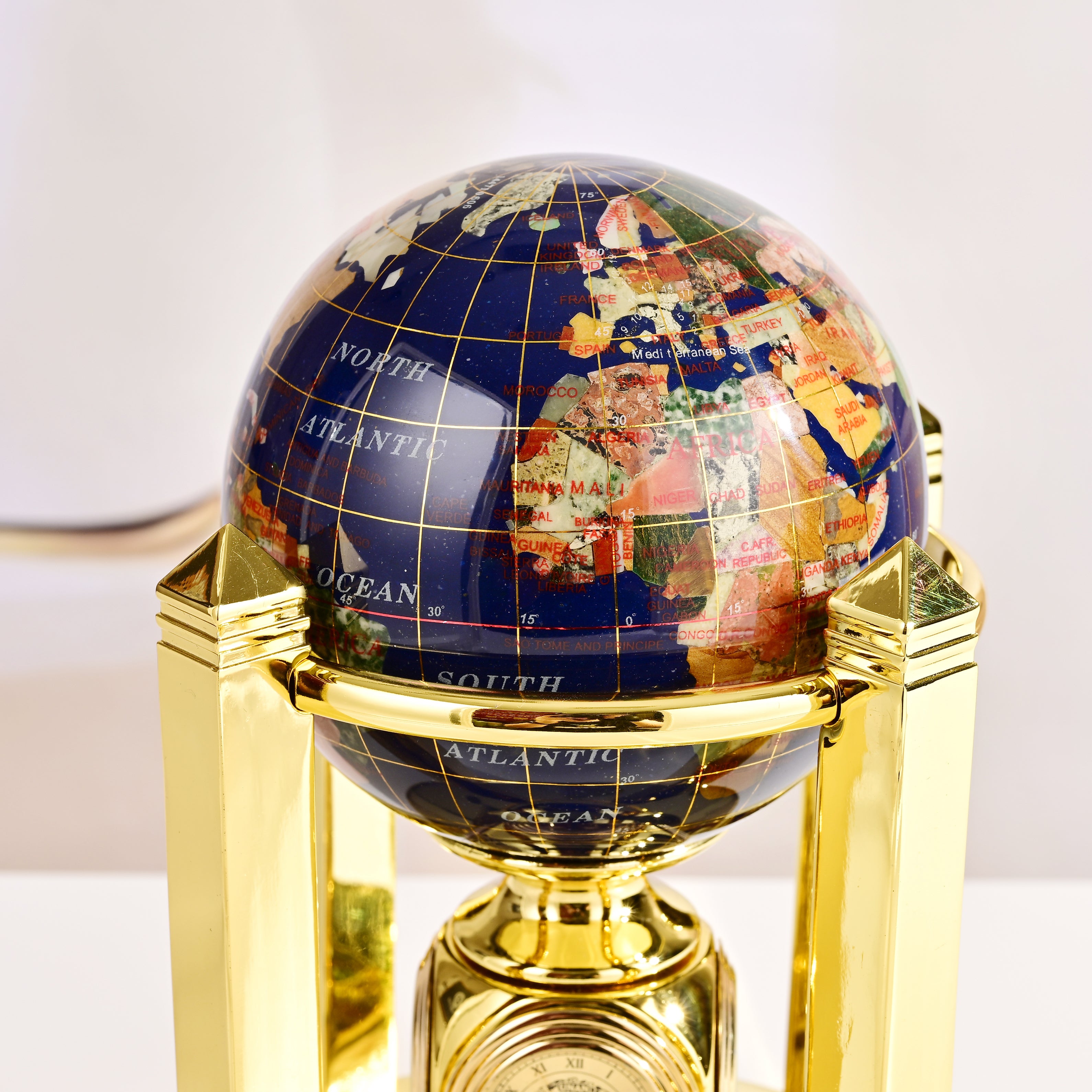 8.5" Tall Gemstone Globe with 5" Lapis Ocean on 24k Gold Plated Bi-directional rotating Stand