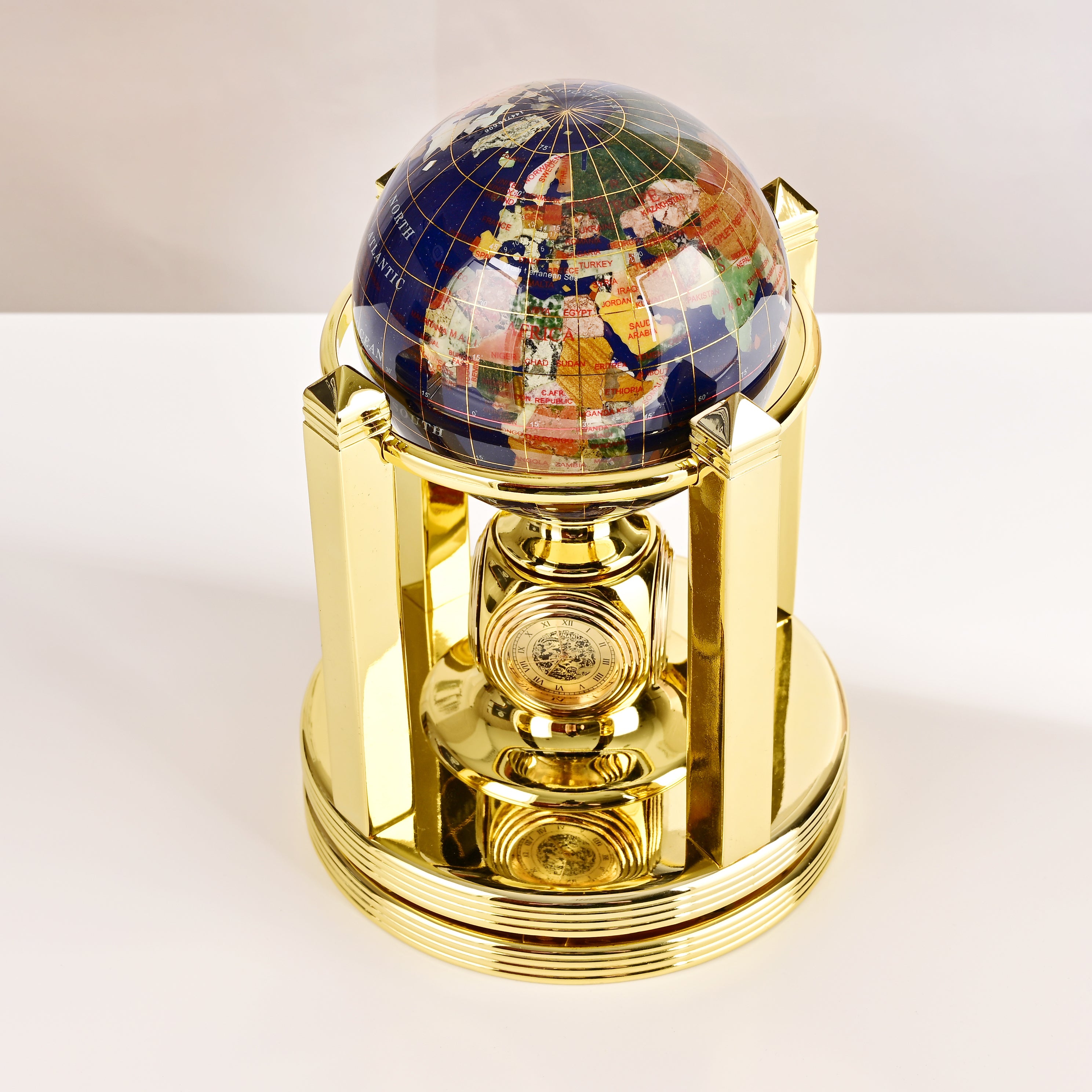 8.5" Tall Gemstone Globe with 5" Lapis Ocean on 24k Gold Plated Bi-directional rotating Stand