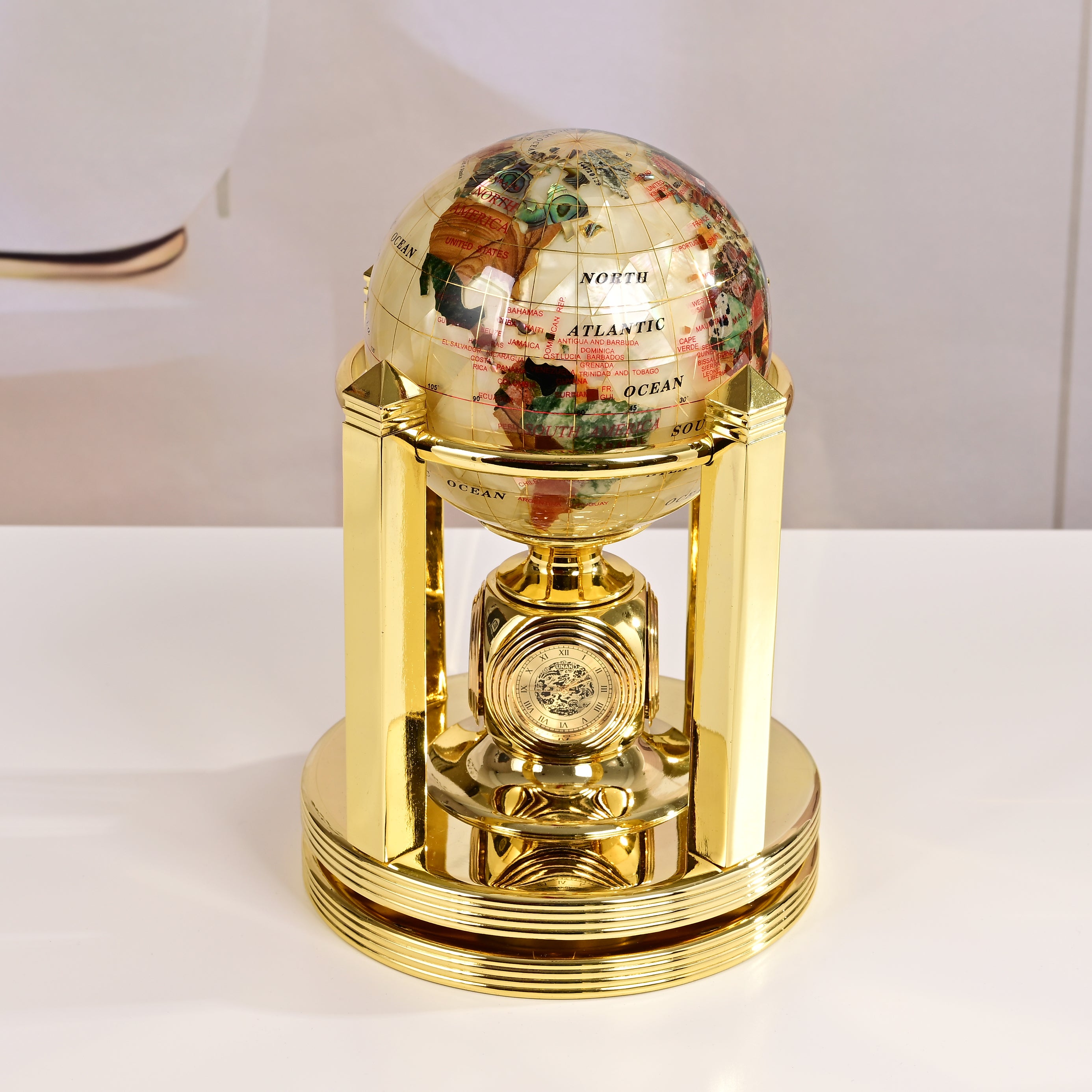 8.5" Tall Gemstone Globe with 5" Mother of Pearl Diamond Cut Ocean on 24k Gold Plated Bi-directional rotating Stand