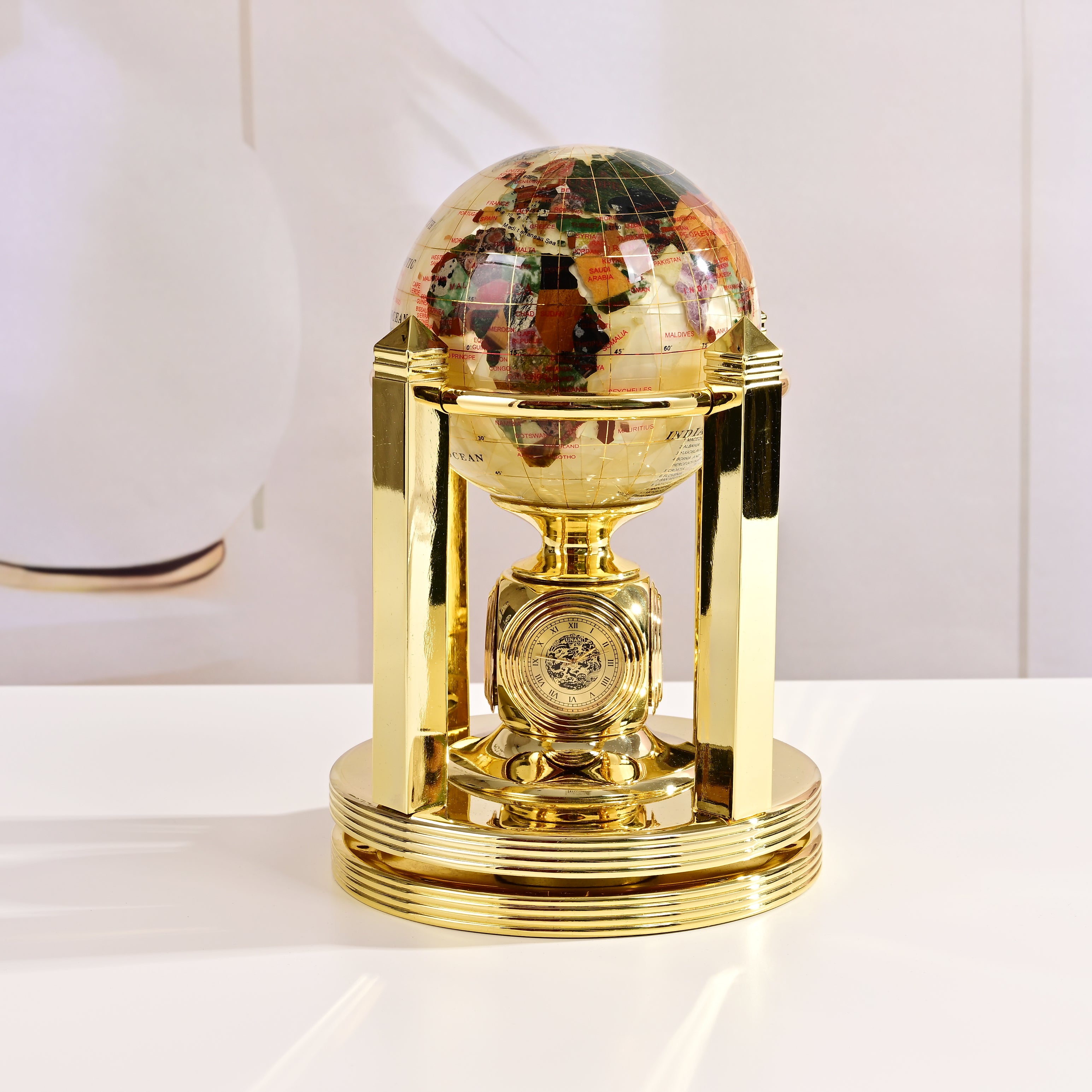 8.5" Tall Gemstone Globe with 5" Mother of Pearl Diamond Cut Ocean on 24k Gold Plated Bi-directional rotating Stand