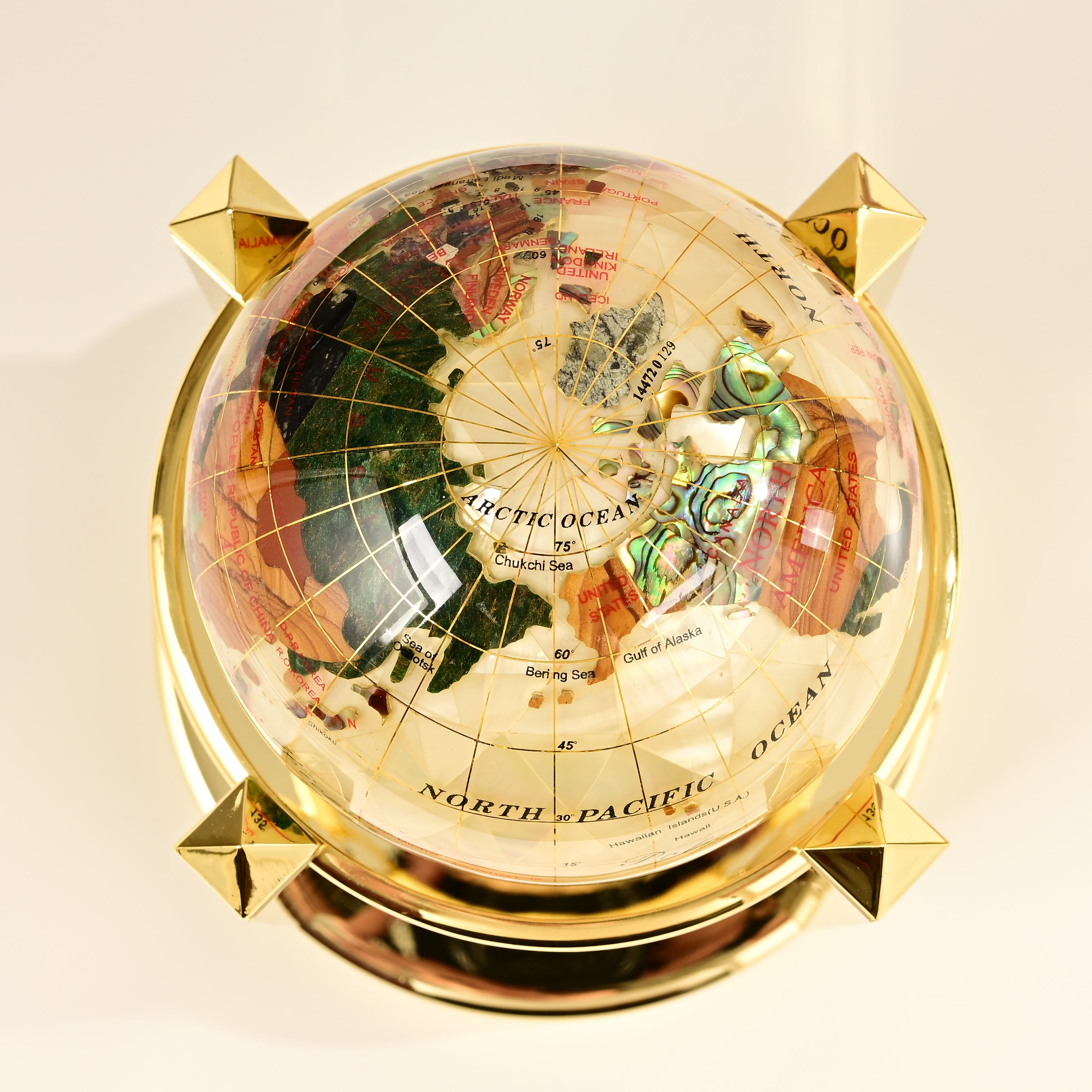 8.5" Tall Gemstone Globe with 4" Mother of Pearl Diamond Cut Ocean on 24k Gold Plated Bi-directional rotating Stand