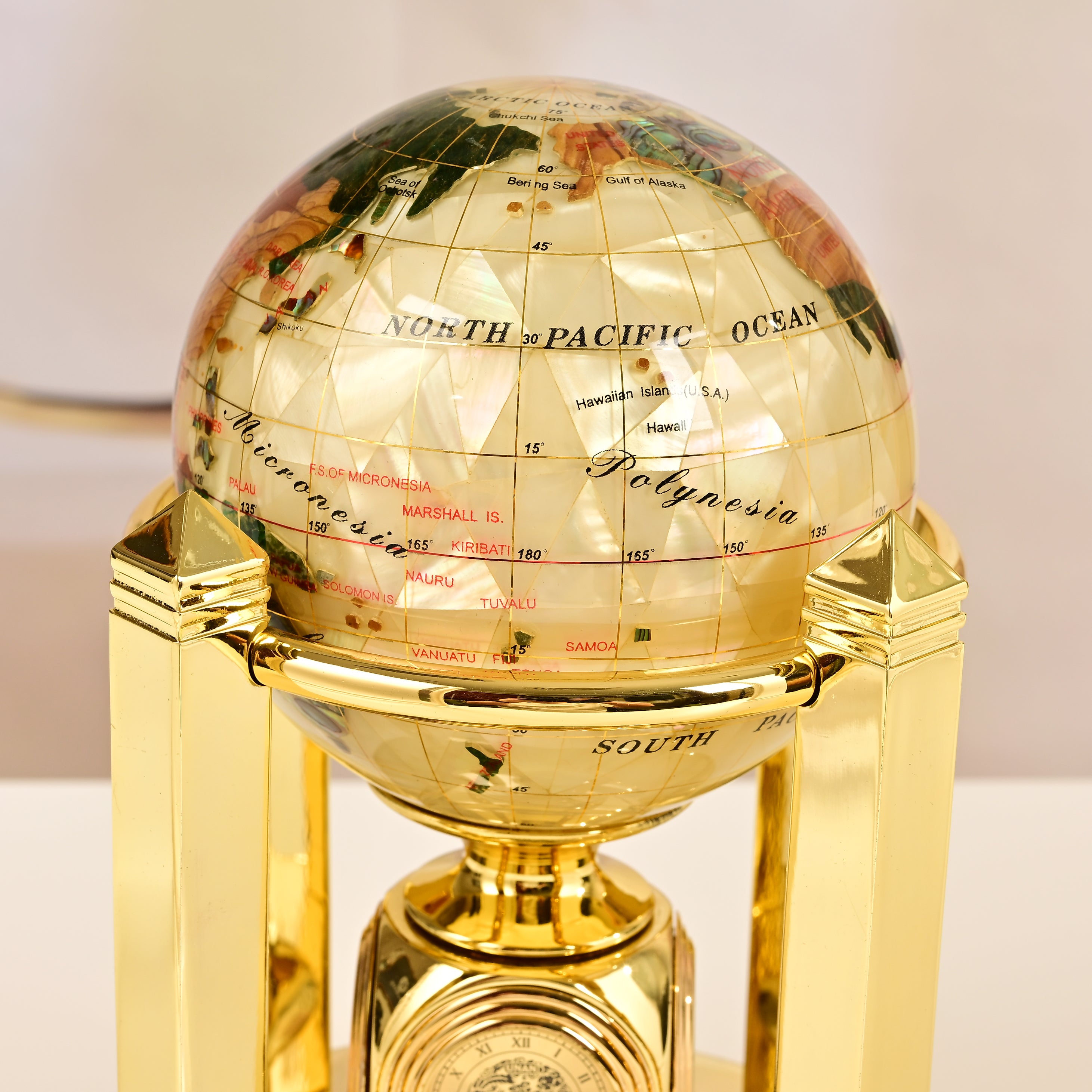 8.5" Tall Gemstone Globe with 4" Mother of Pearl Diamond Cut Ocean on 24k Gold Plated Bi-directional rotating Stand